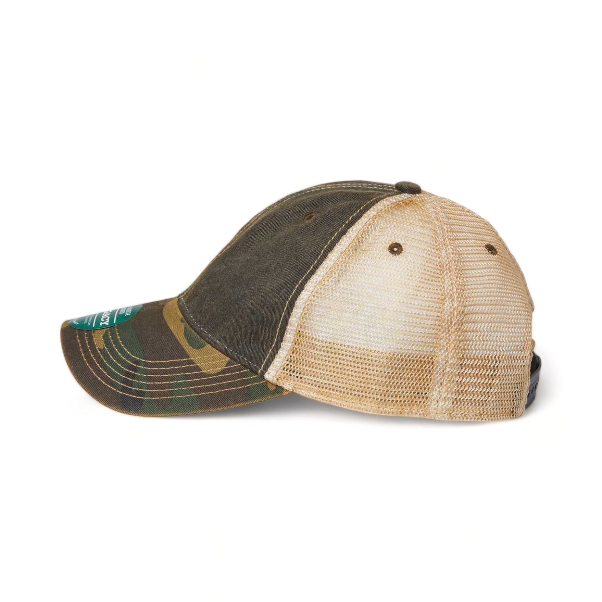 Side view of LEGACY OFA custom hat in black, army camo and khaki