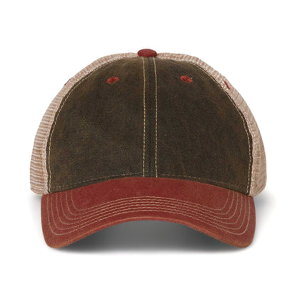 Front view of LEGACY OFA custom hat in black, cardinal and khaki