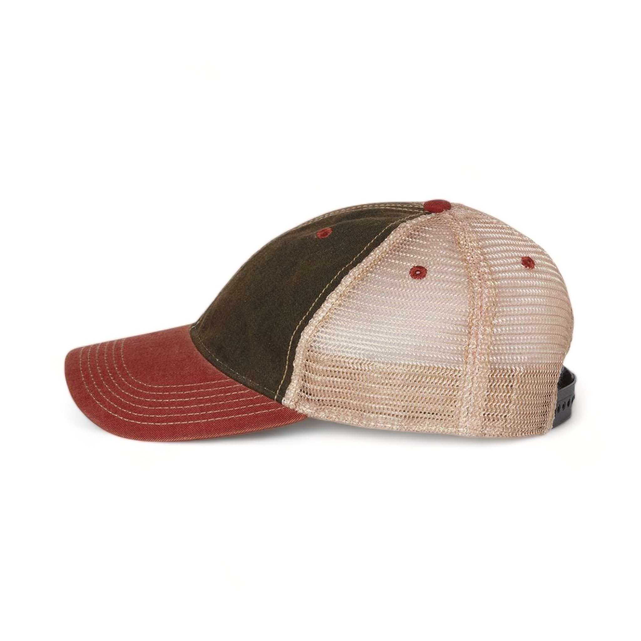 Side view of LEGACY OFA custom hat in black, cardinal and khaki