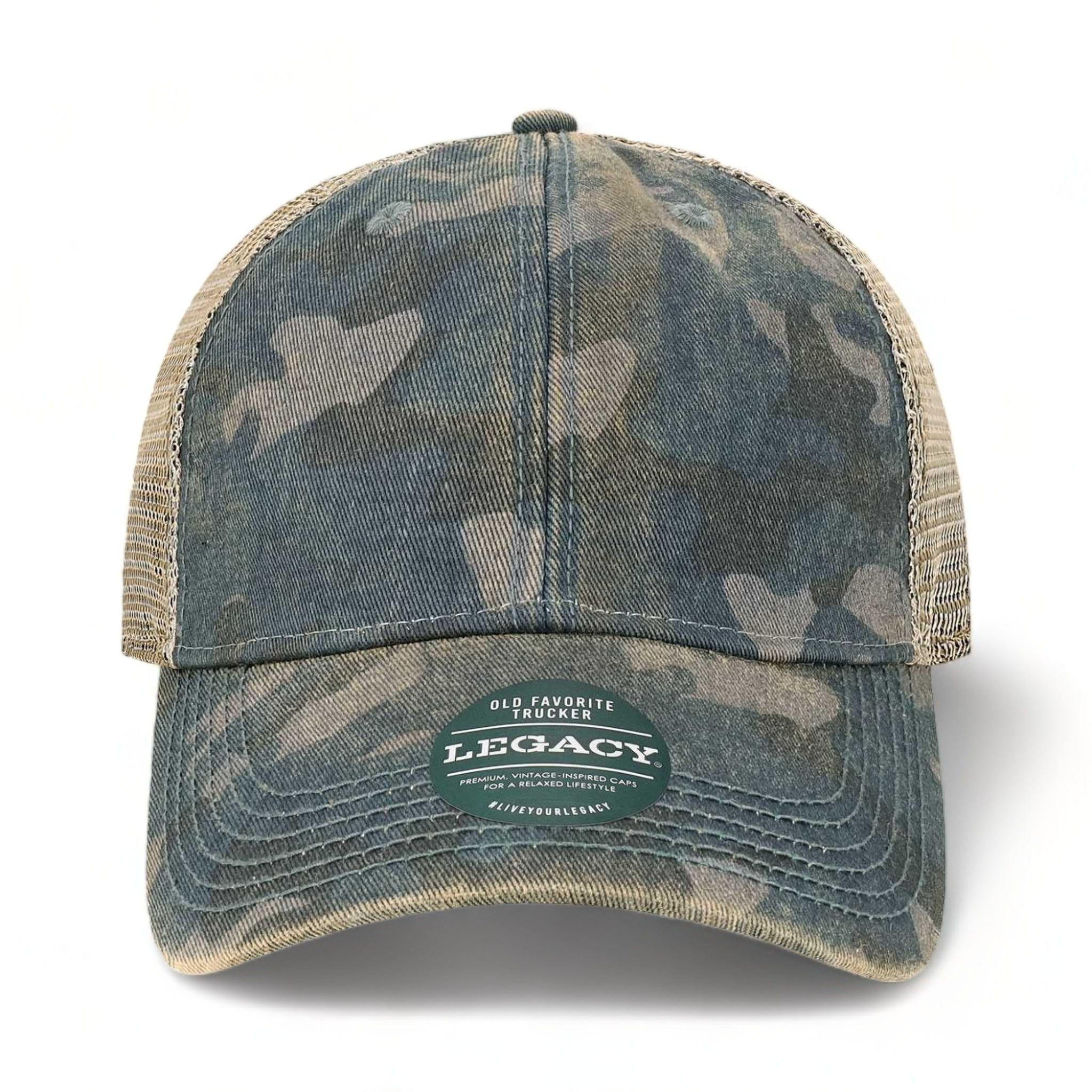 Front view of LEGACY OFA custom hat in blue camo and java