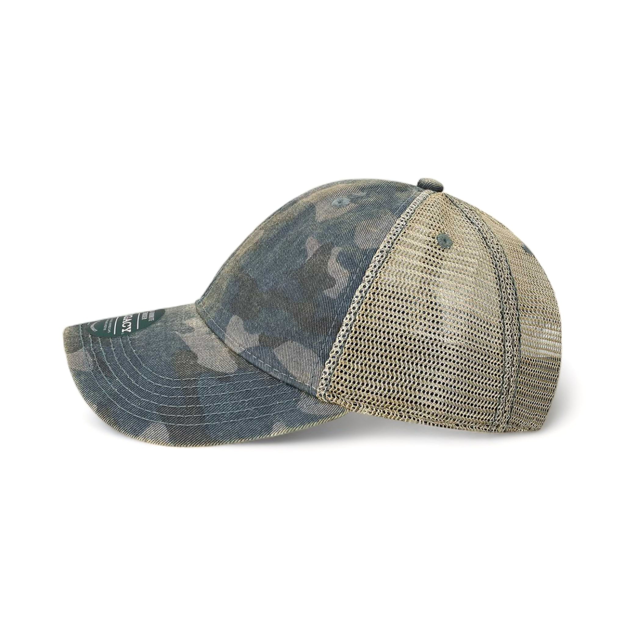 Side view of LEGACY OFA custom hat in blue camo and java