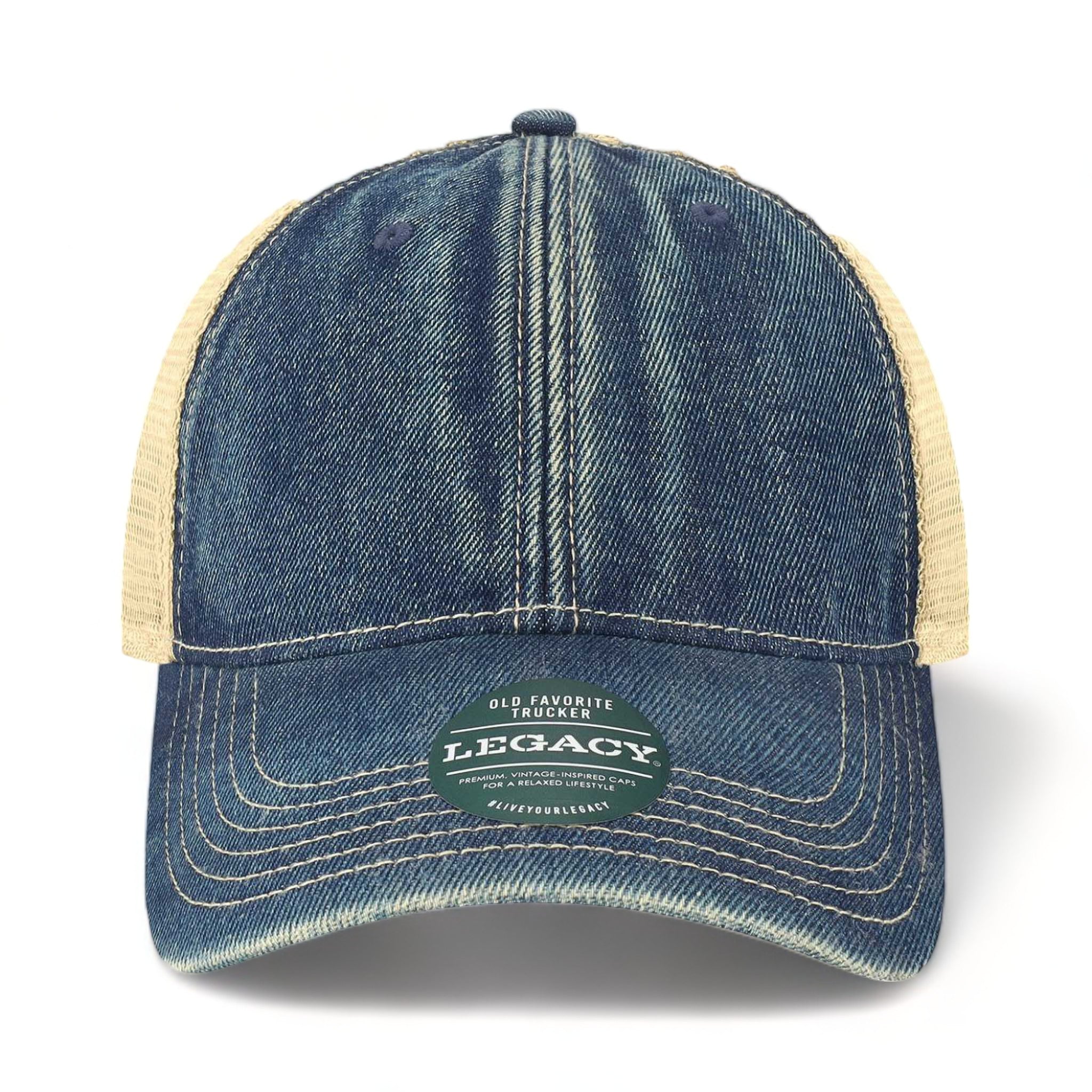 Front view of LEGACY OFA custom hat in blue denim and khaki