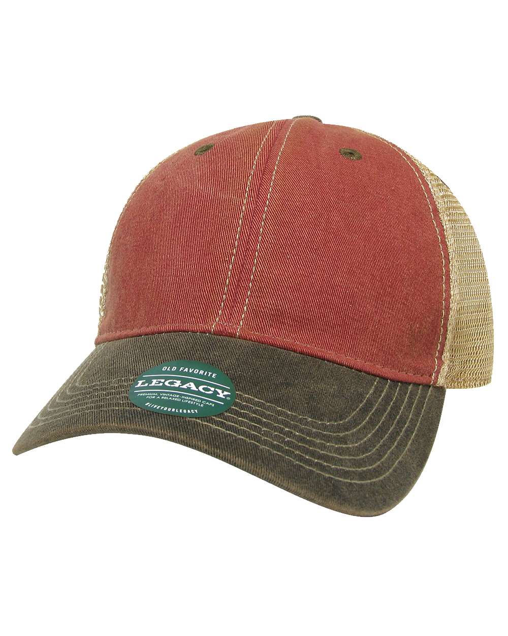 Front view of LEGACY OFA custom hat in cardinal, black and khaki