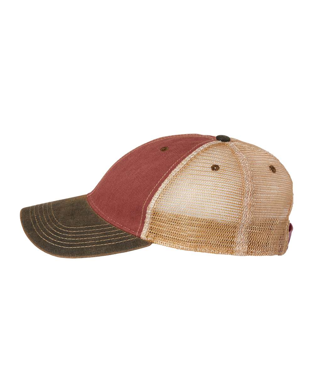 Side view of LEGACY OFA custom hat in cardinal, black and khaki