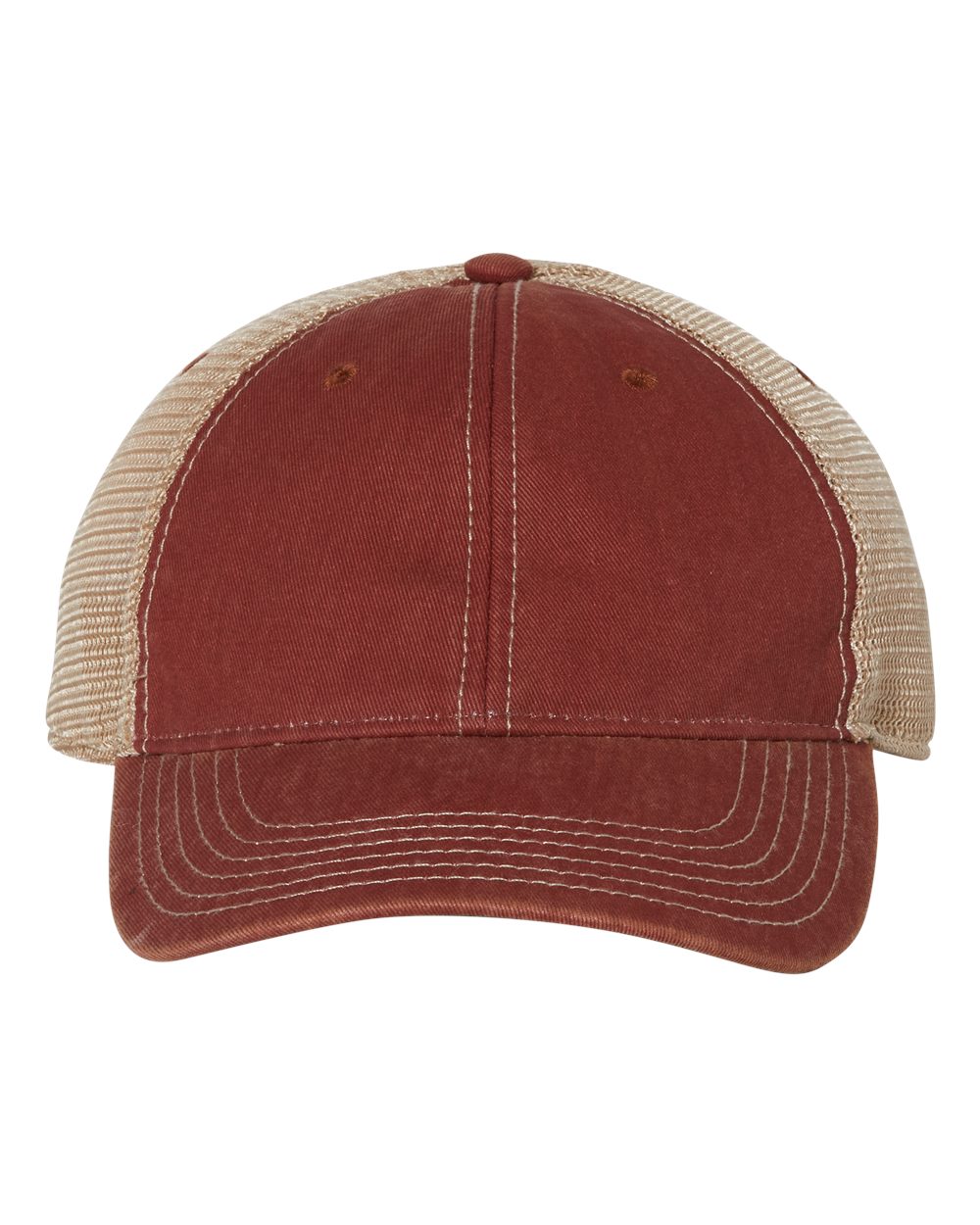Front view of LEGACY OFA custom hat in cardinal and khaki