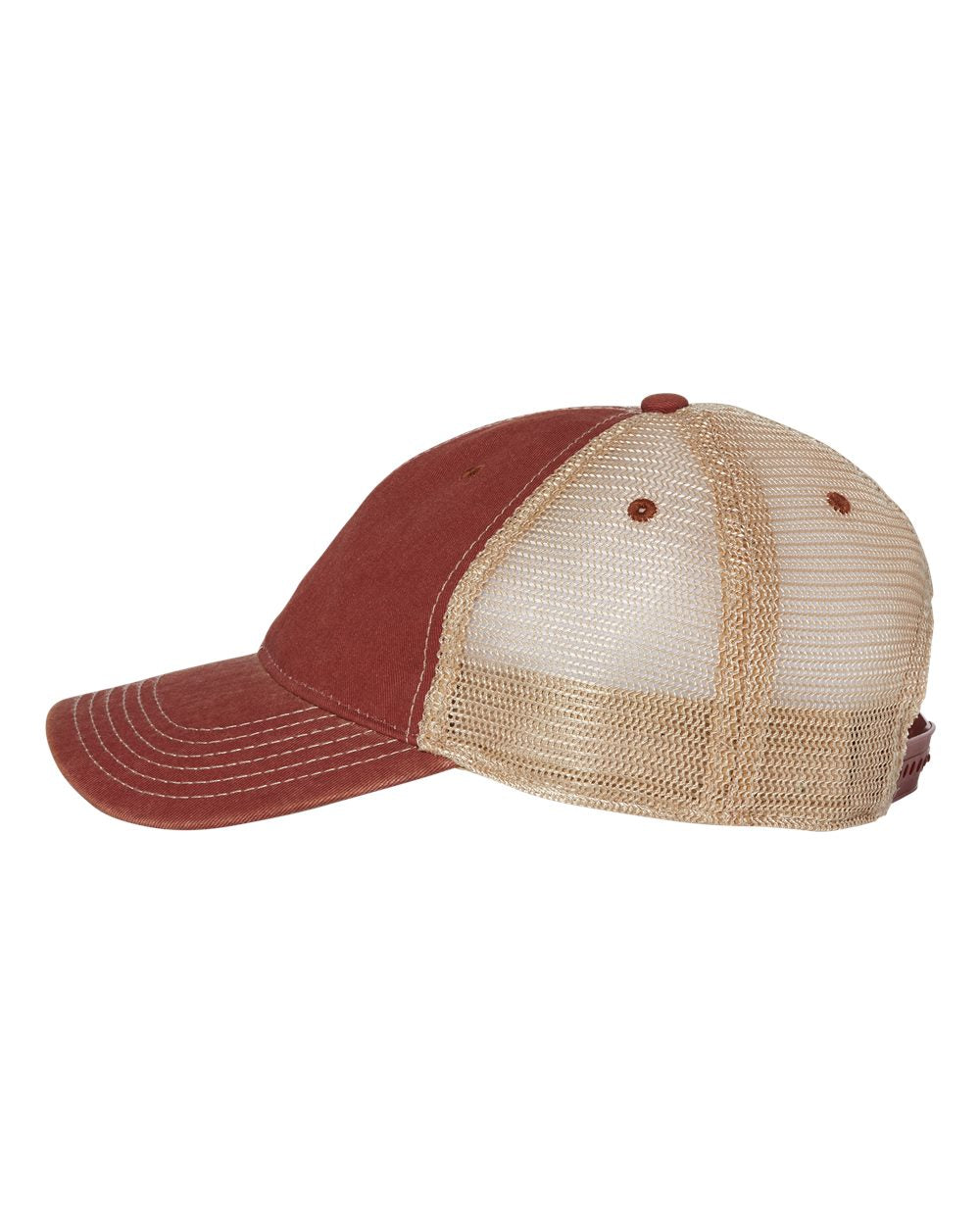 Side view of LEGACY OFA custom hat in cardinal and khaki