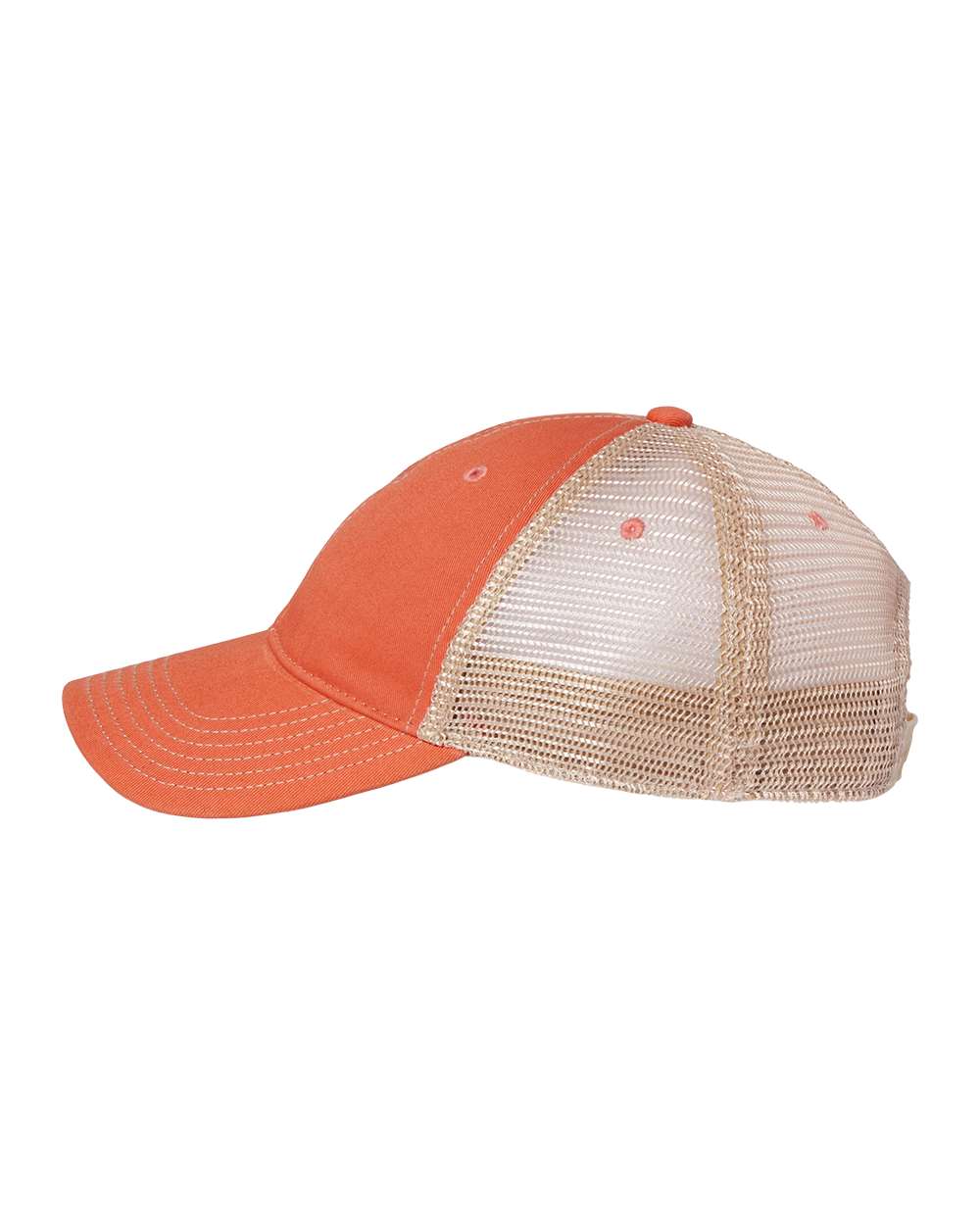 Side view of LEGACY OFA custom hat in coral and khaki