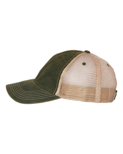 Side view of LEGACY OFA custom hat in dark green and khaki