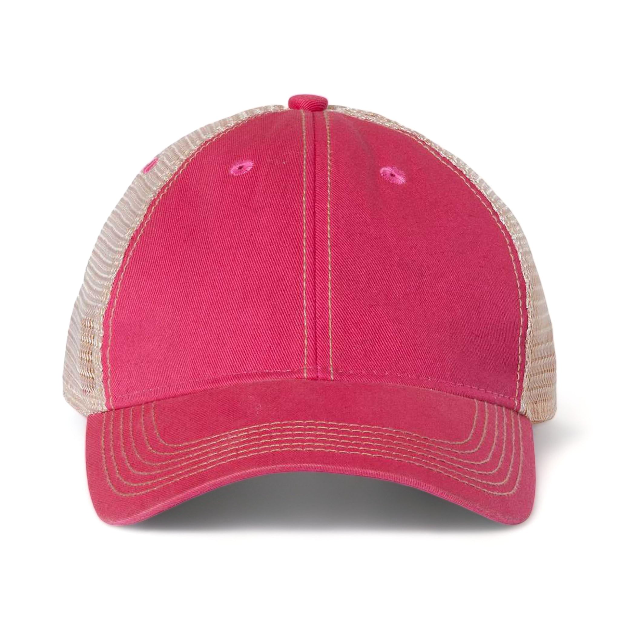 Front view of LEGACY OFA custom hat in dark pink and khaki