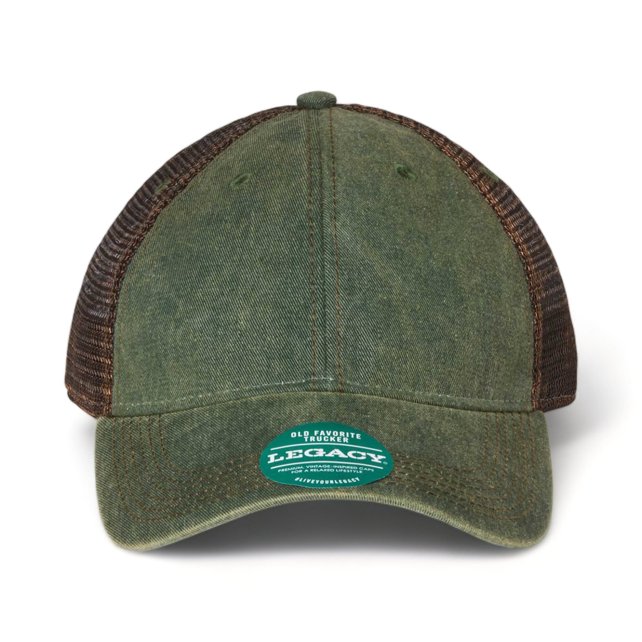 Front view of LEGACY OFA custom hat in green and brown