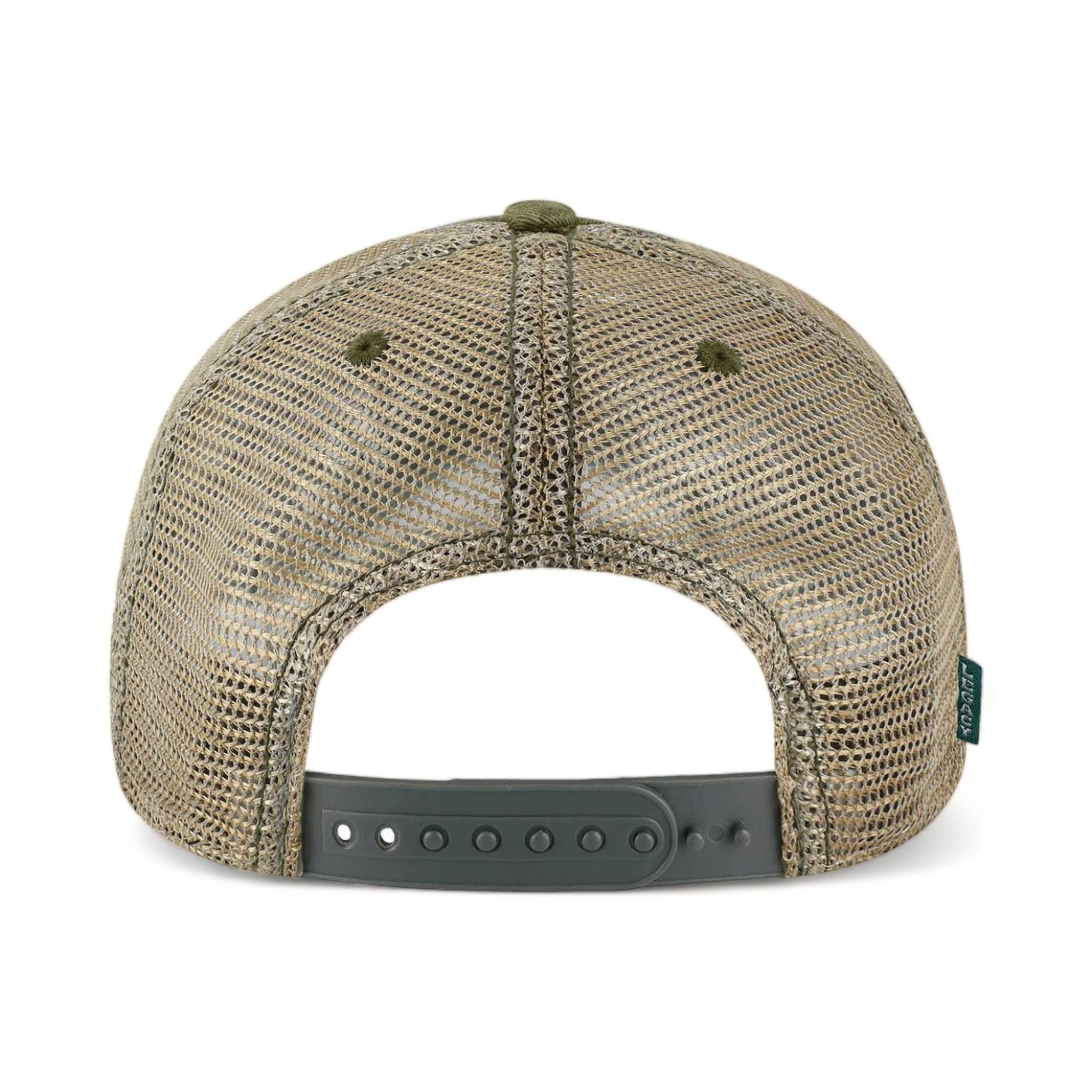 Back view of LEGACY OFA custom hat in green field camo and java