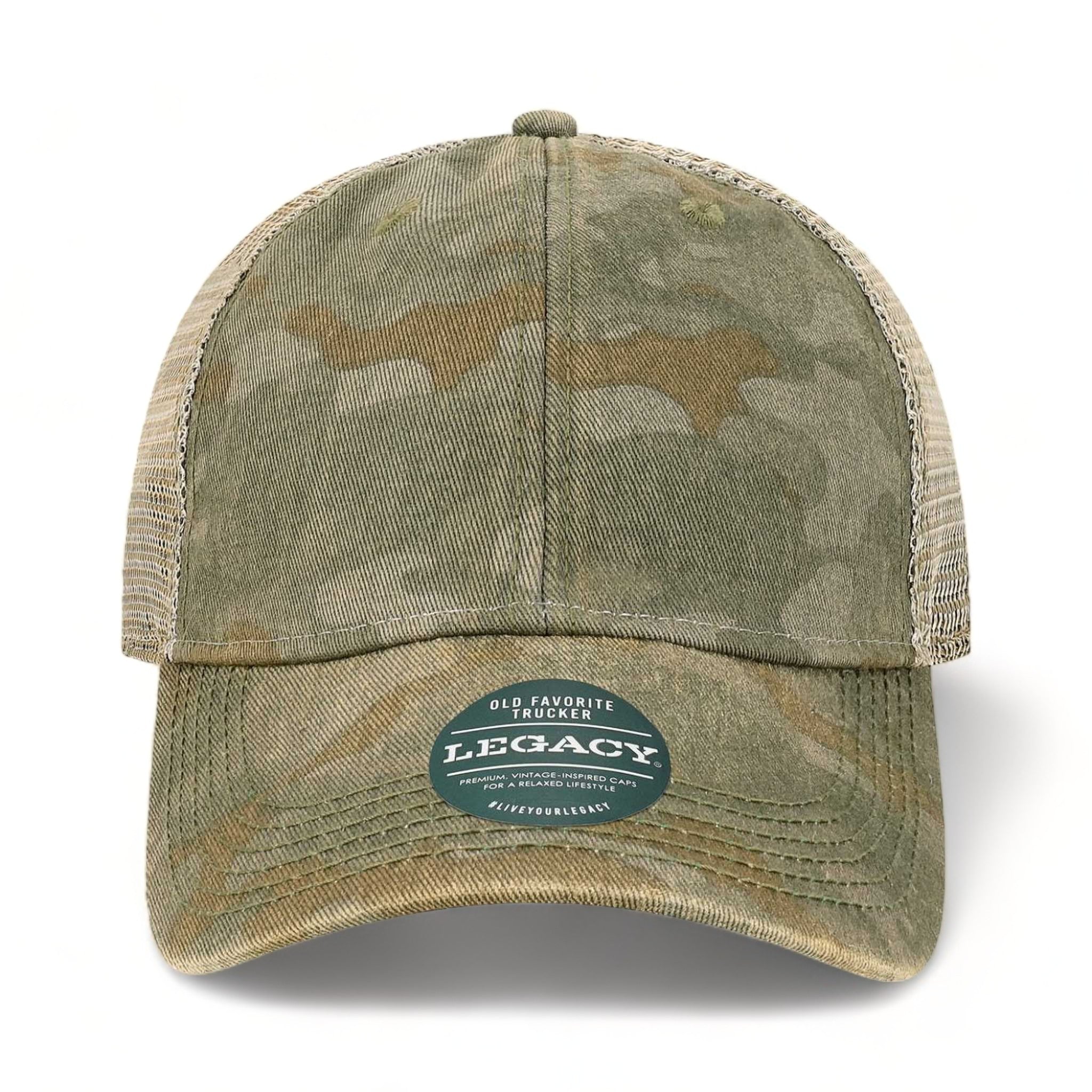 Front view of LEGACY OFA custom hat in green field camo and java