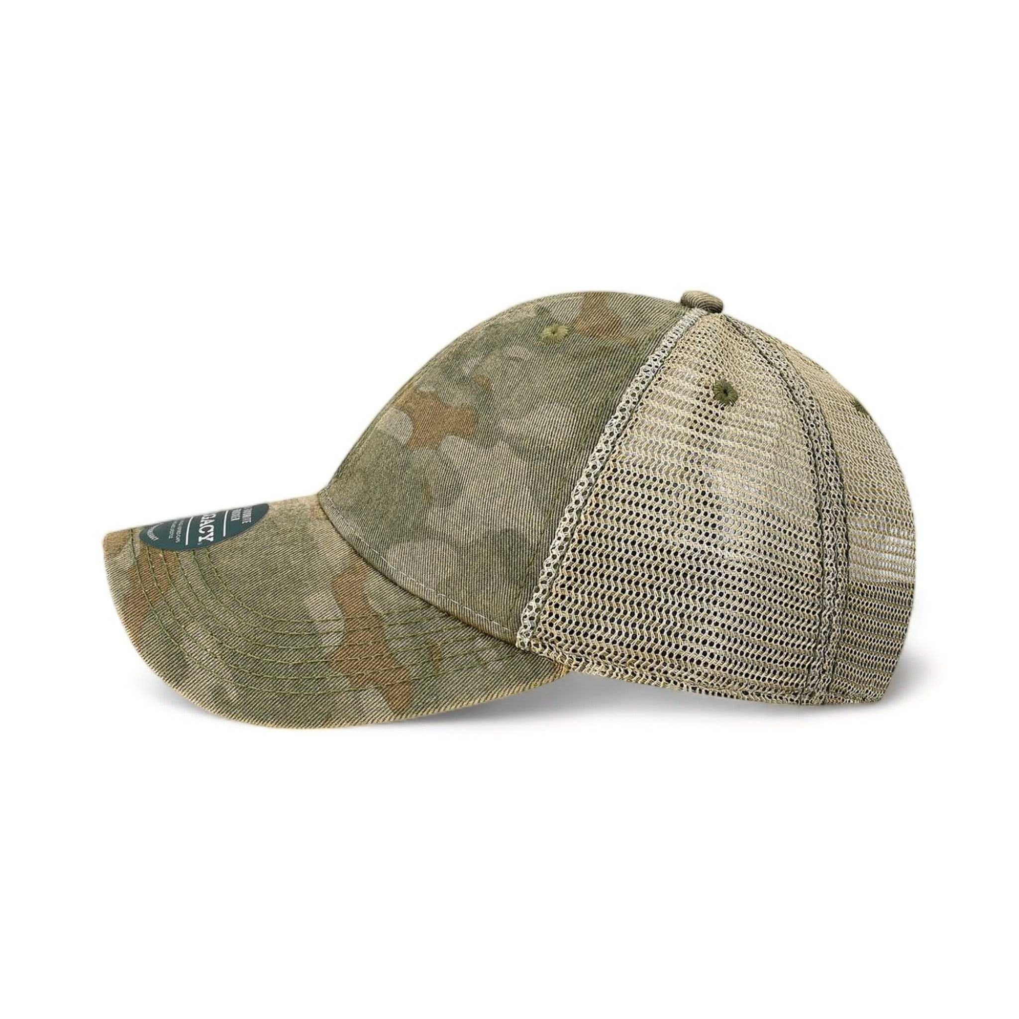 Side view of LEGACY OFA custom hat in green field camo and java
