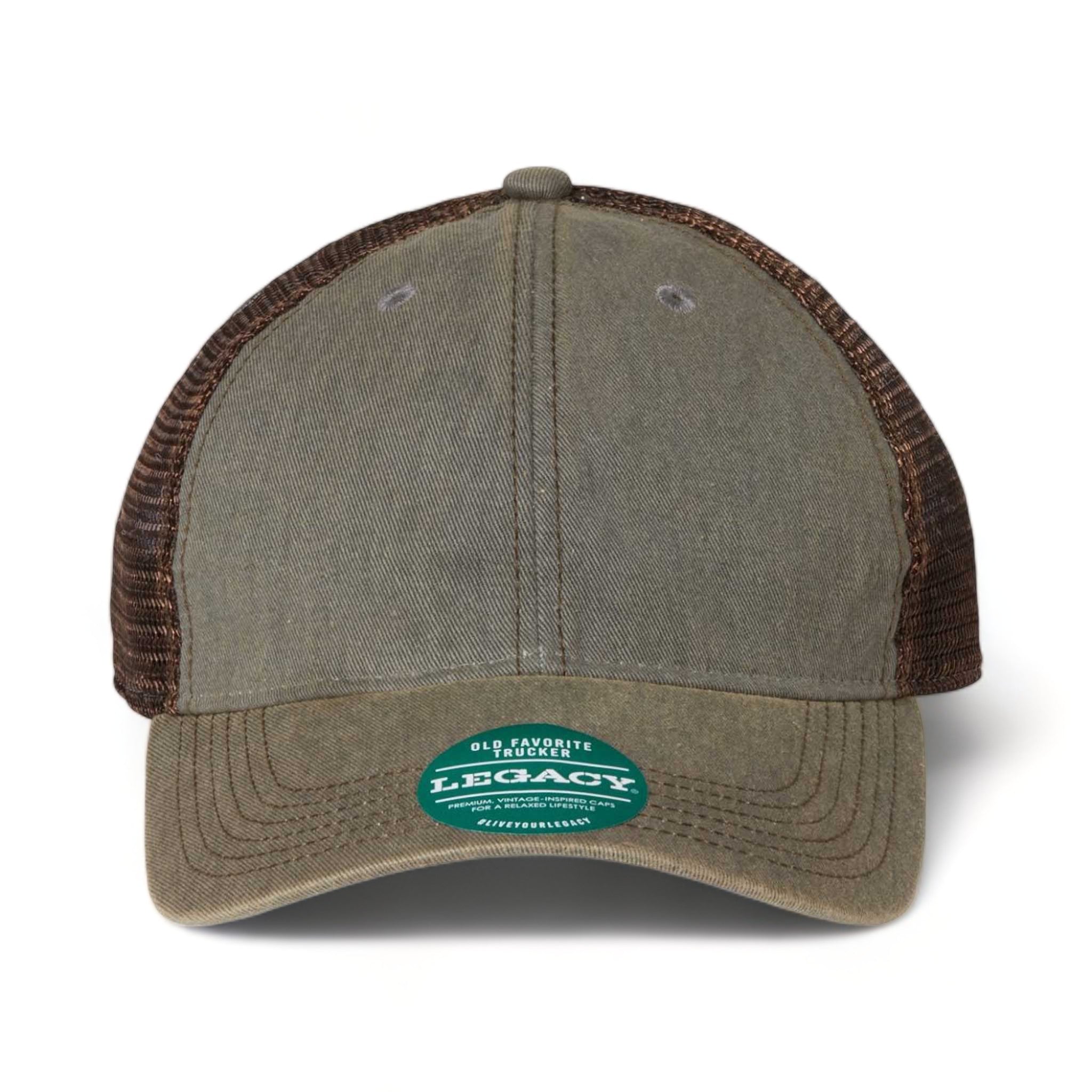 Front view of LEGACY OFA custom hat in grey and brown