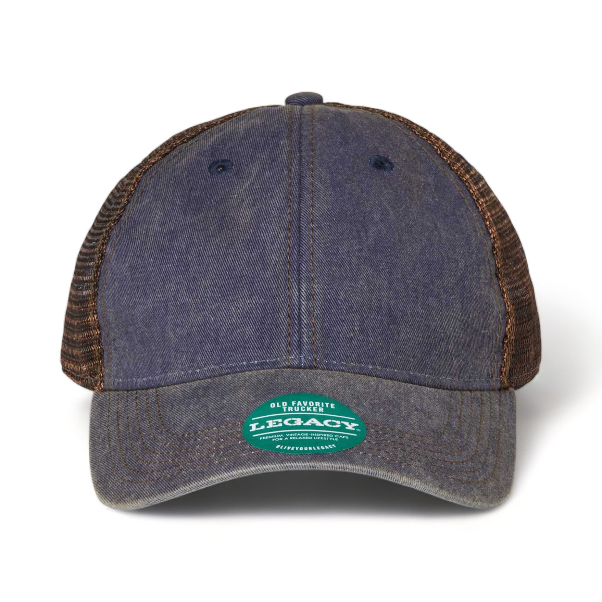 Front view of LEGACY OFA custom hat in navy and brown