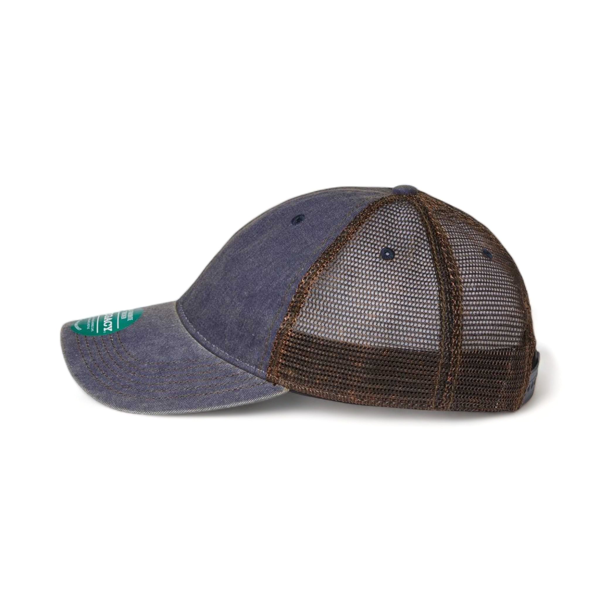 Side view of LEGACY OFA custom hat in navy and brown