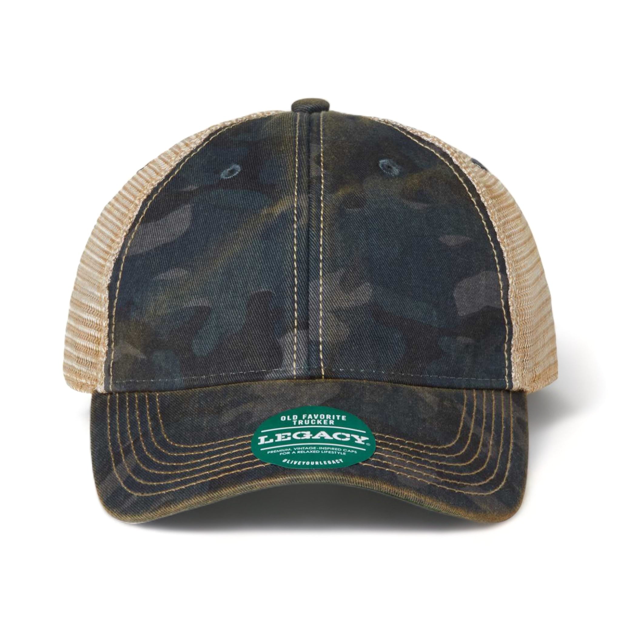 Front view of LEGACY OFA custom hat in navy field camo and khaki