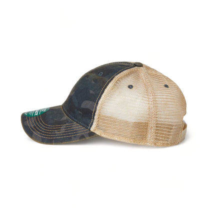 Side view of LEGACY OFA custom hat in navy field camo and khaki