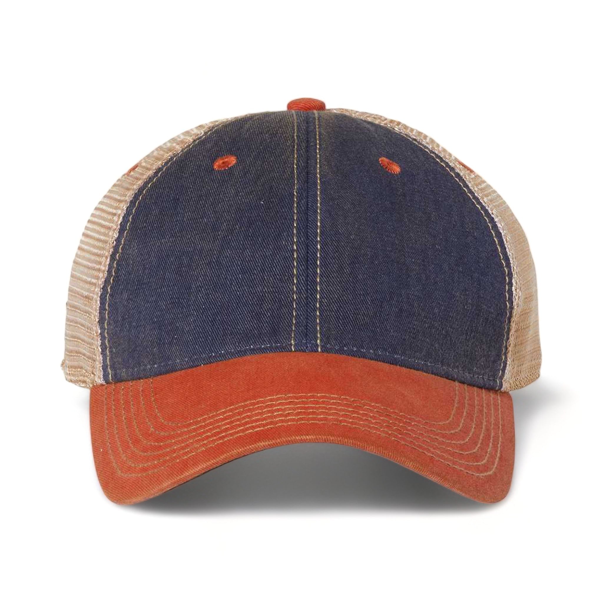 Front view of LEGACY OFA custom hat in navy, orange and khaki