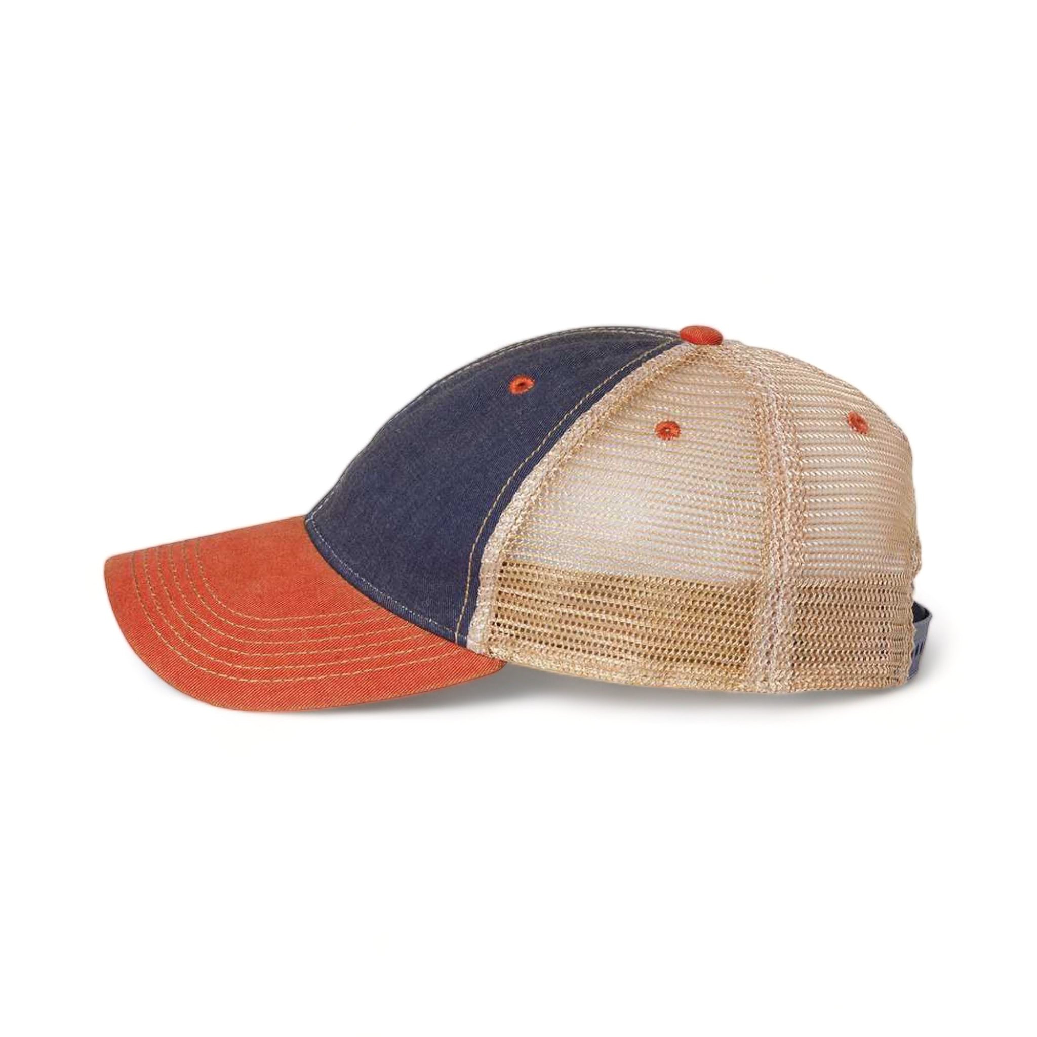 Side view of LEGACY OFA custom hat in navy, orange and khaki