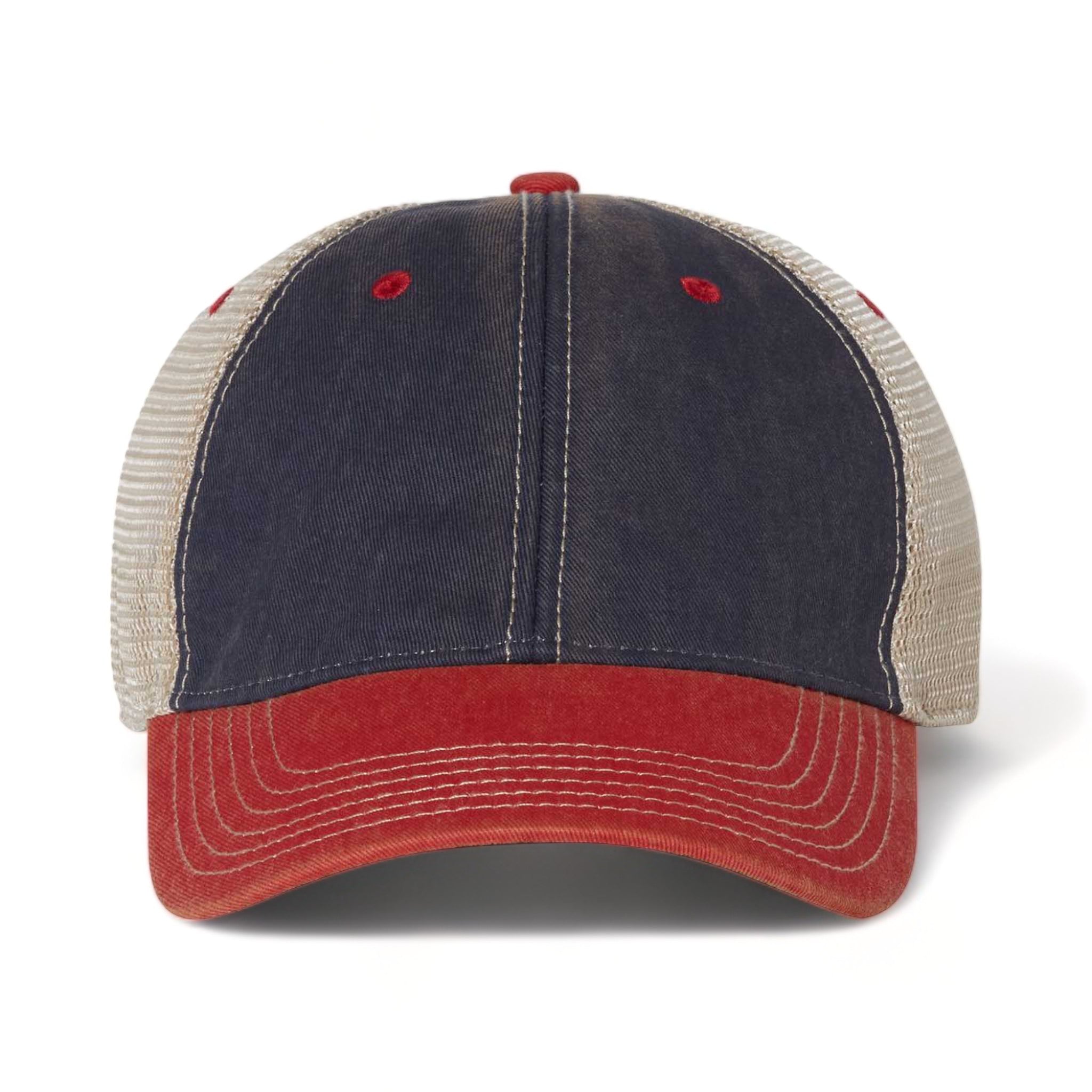 Front view of LEGACY OFA custom hat in navy, scarlet red and khaki