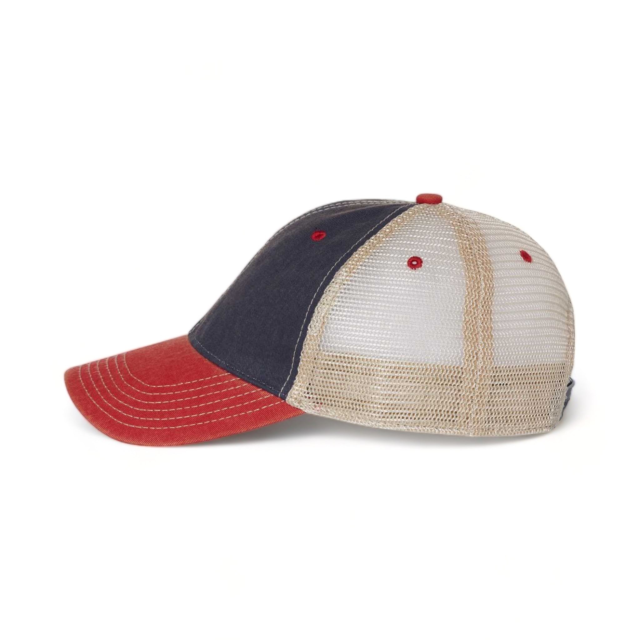 Side view of LEGACY OFA custom hat in navy, scarlet red and khaki