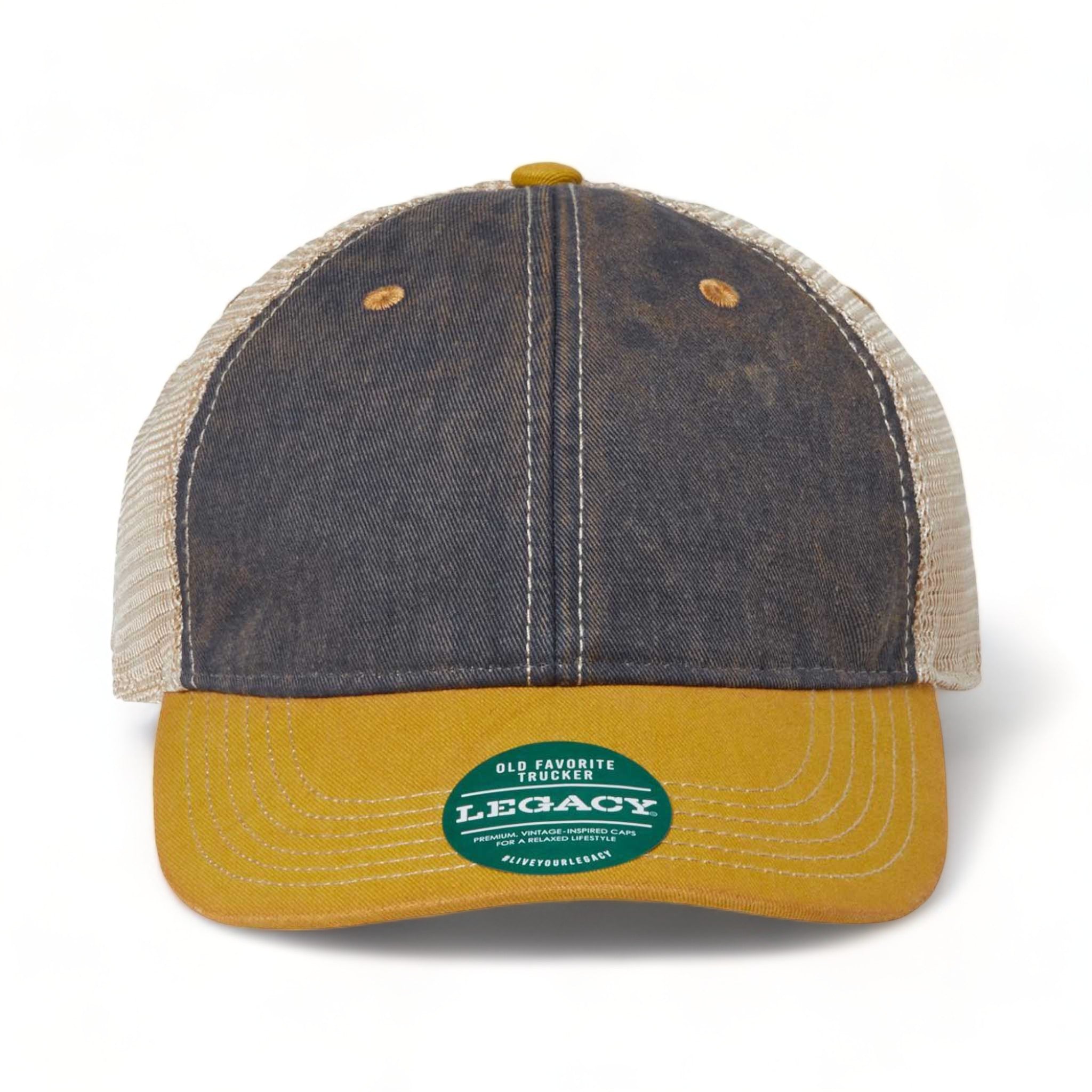 Front view of LEGACY OFA custom hat in navy, yellow and khaki