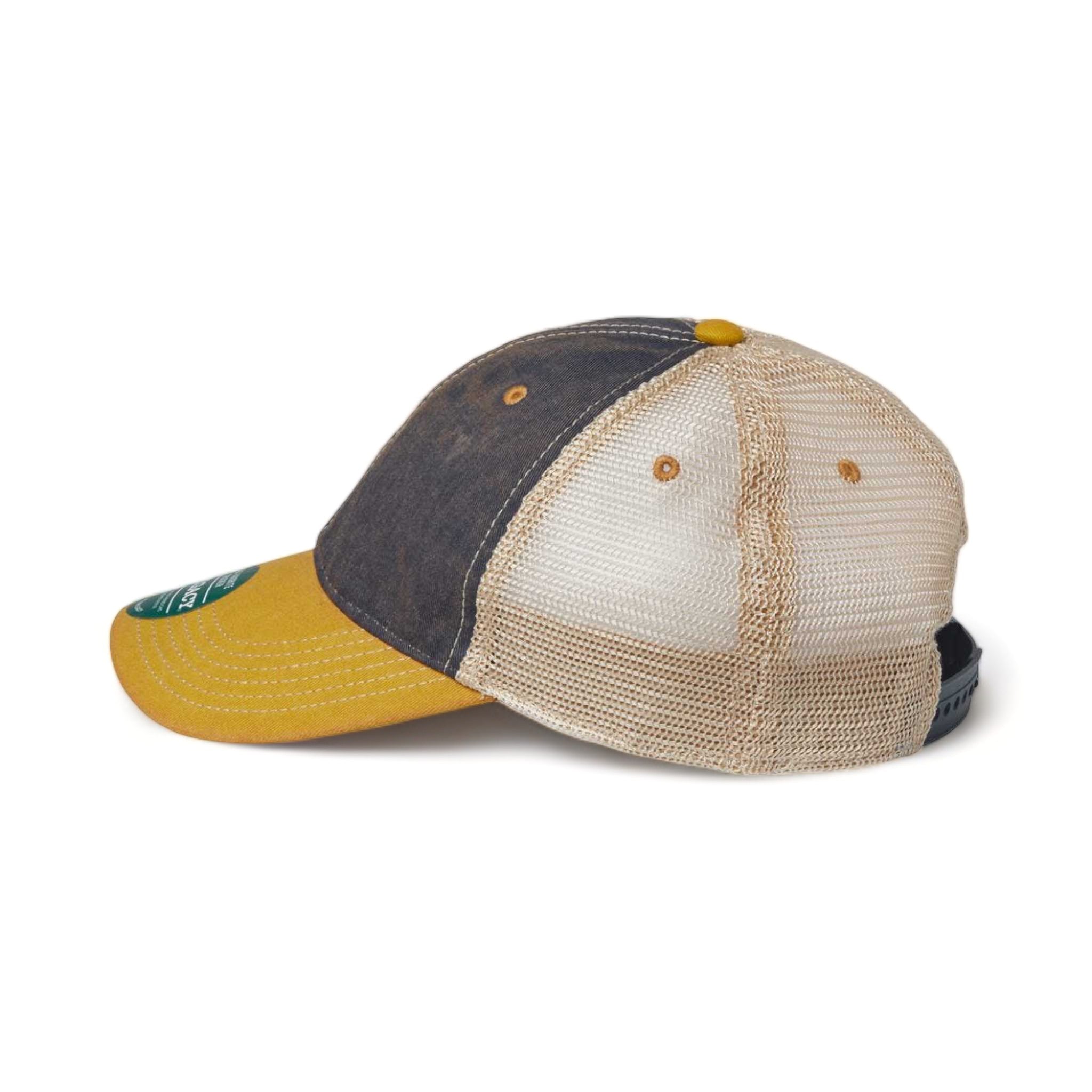 Side view of LEGACY OFA custom hat in navy, yellow and khaki
