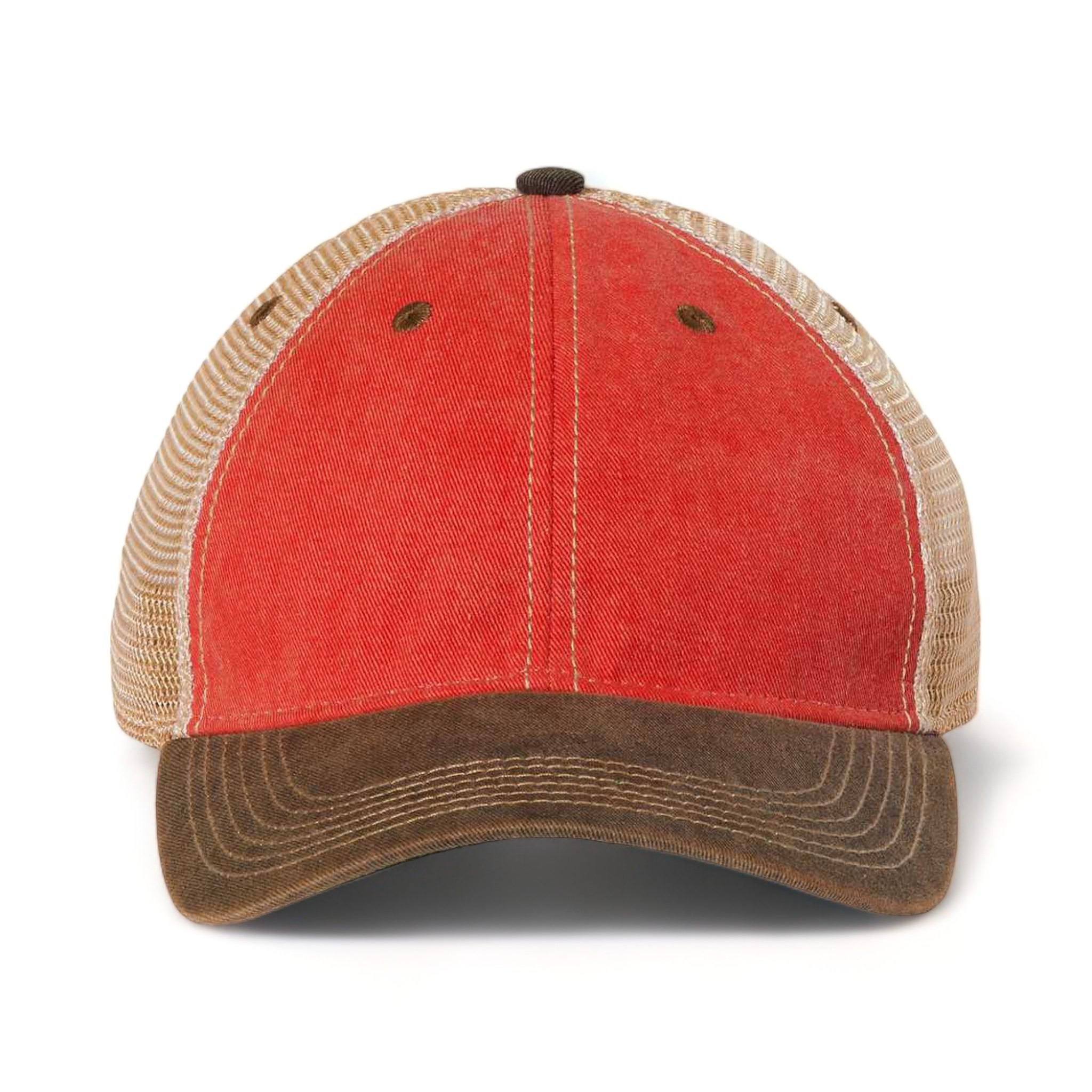 Front view of LEGACY OFA custom hat in scarlet red, black and khaki
