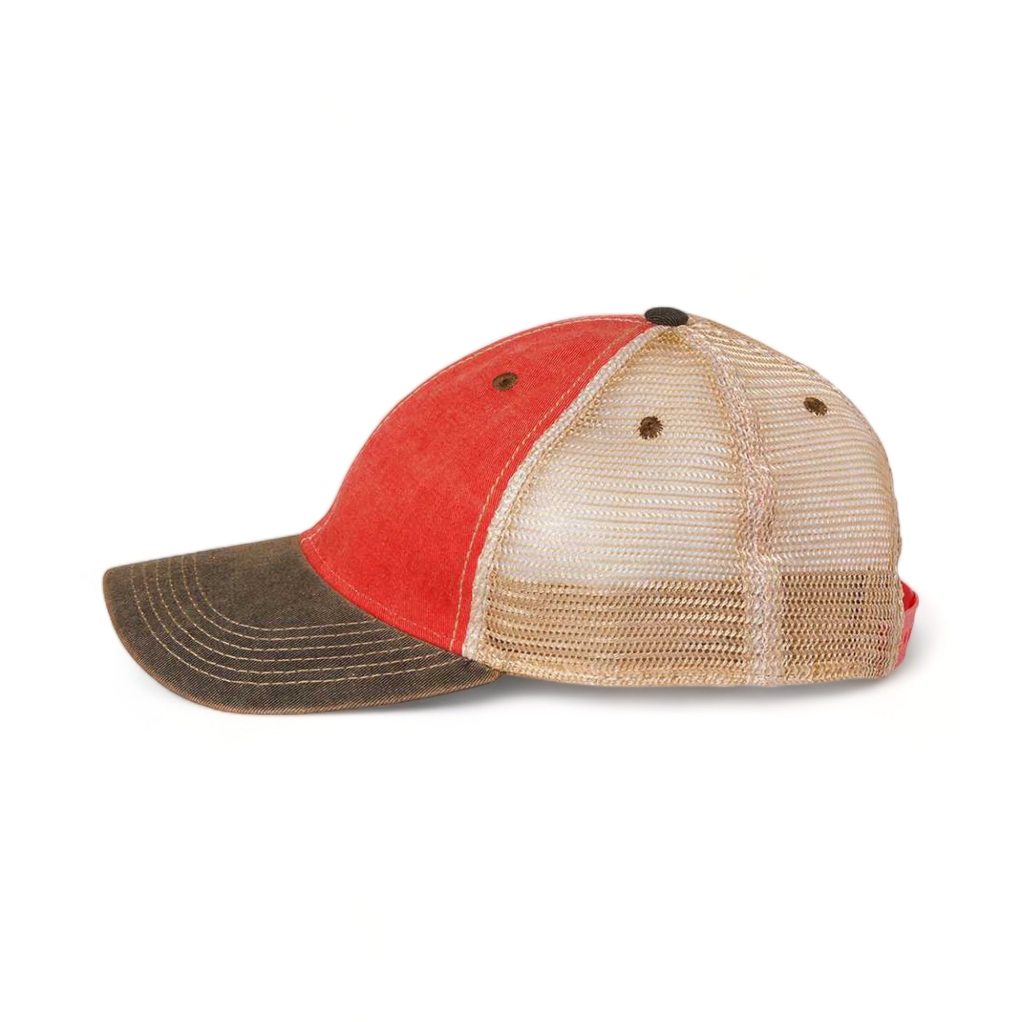 Side view of LEGACY OFA custom hat in scarlet red, black and khaki