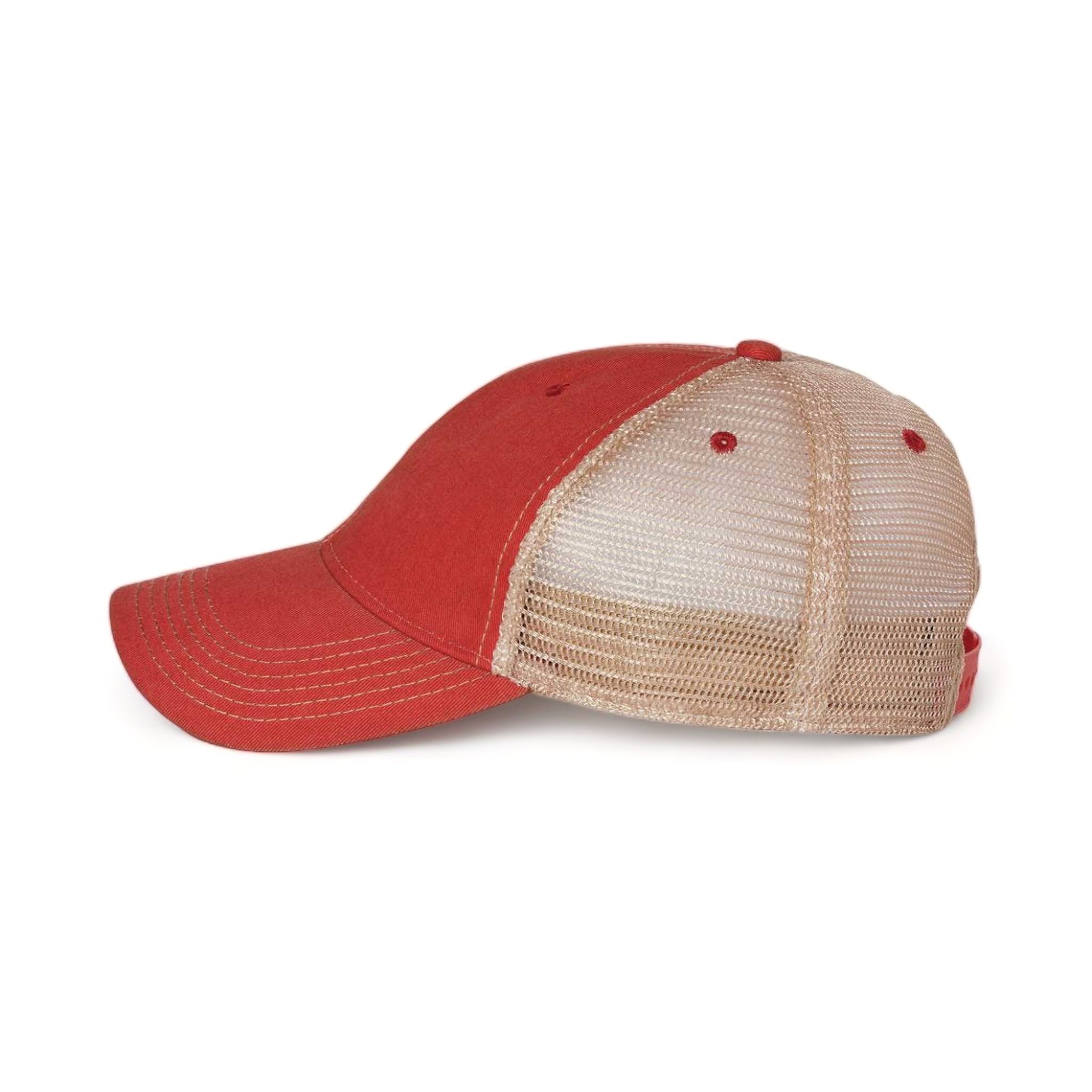 Side view of LEGACY OFA custom hat in scarlet red and khaki
