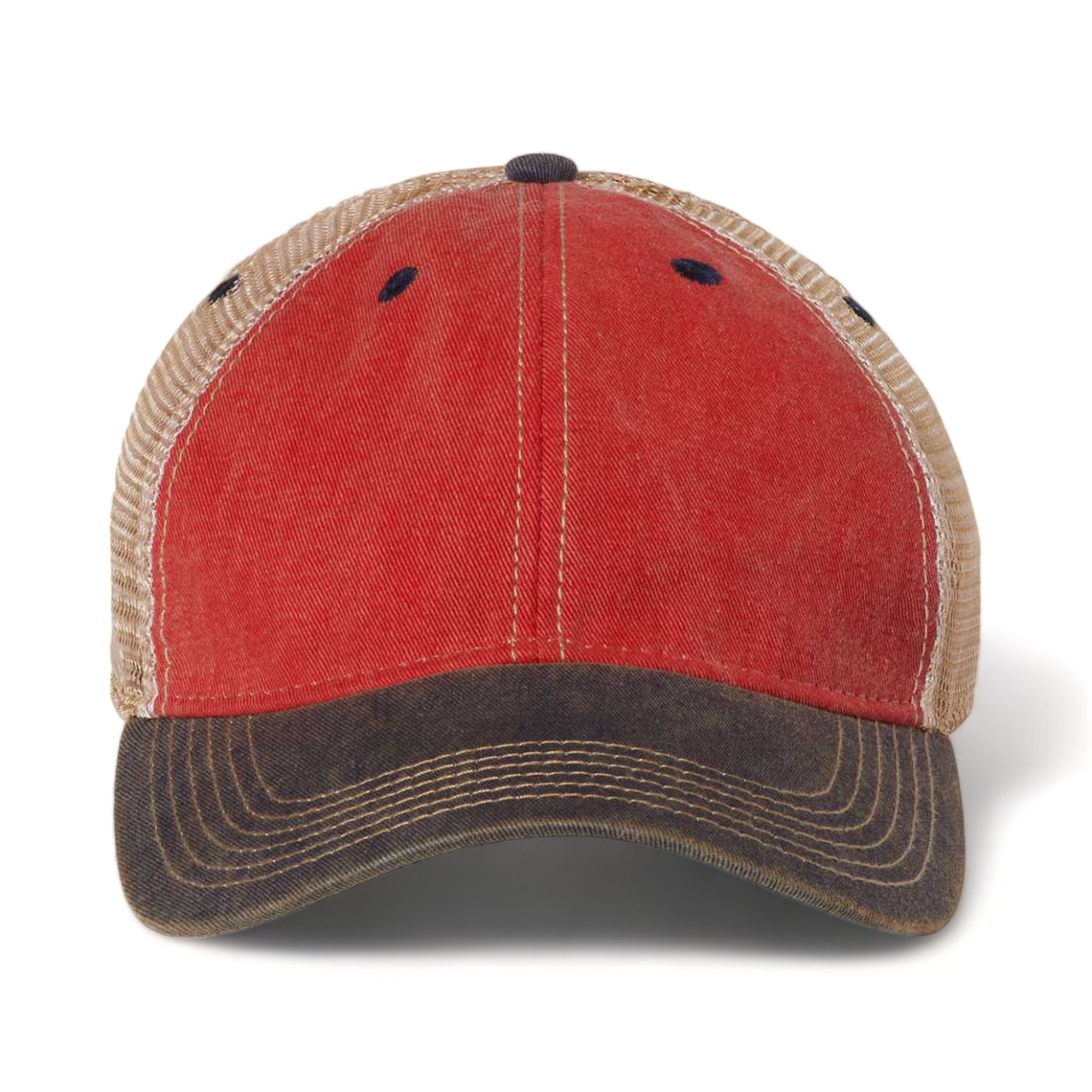 Front view of LEGACY OFA custom hat in scarlet red, navy and khaki