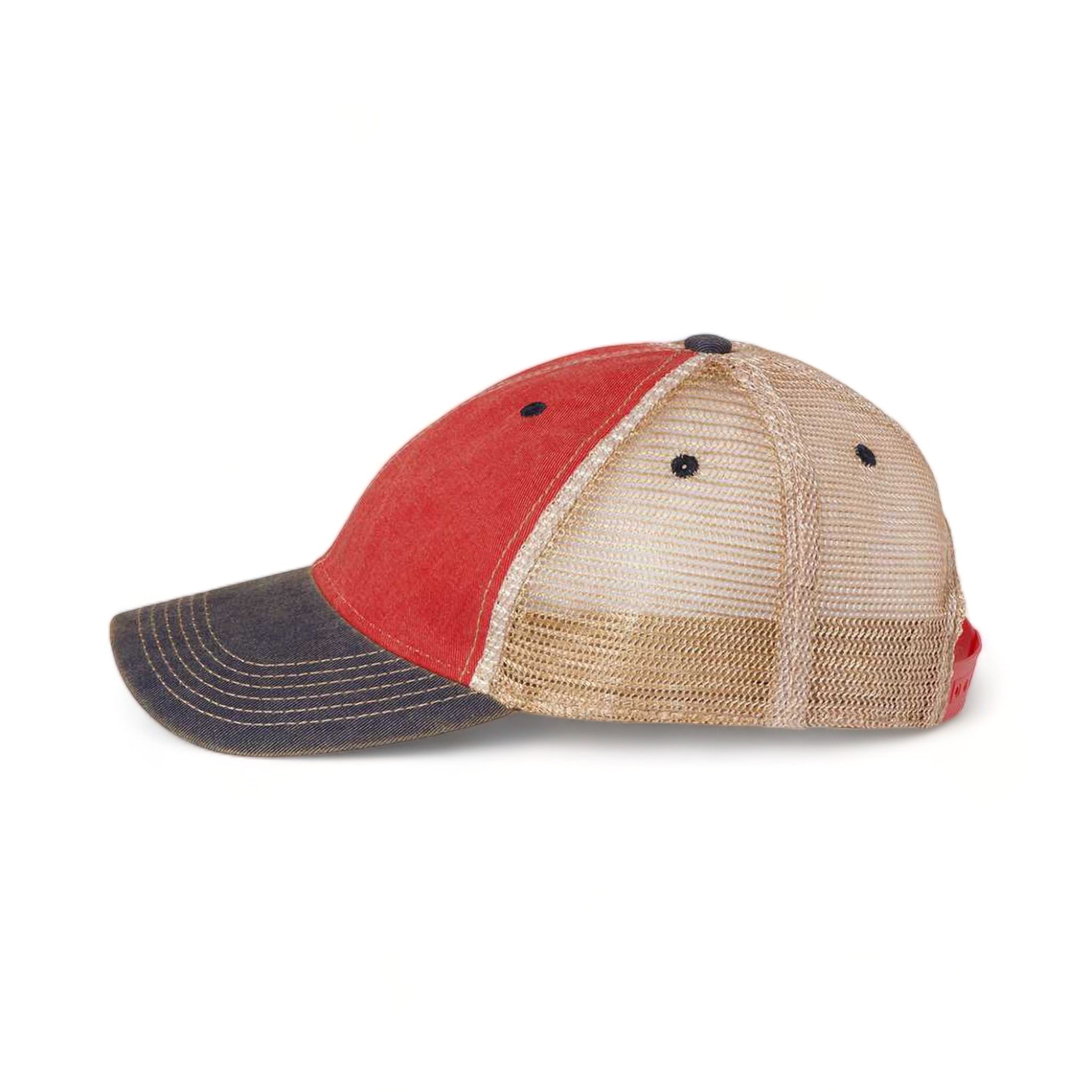 Side view of LEGACY OFA custom hat in scarlet red, navy and khaki