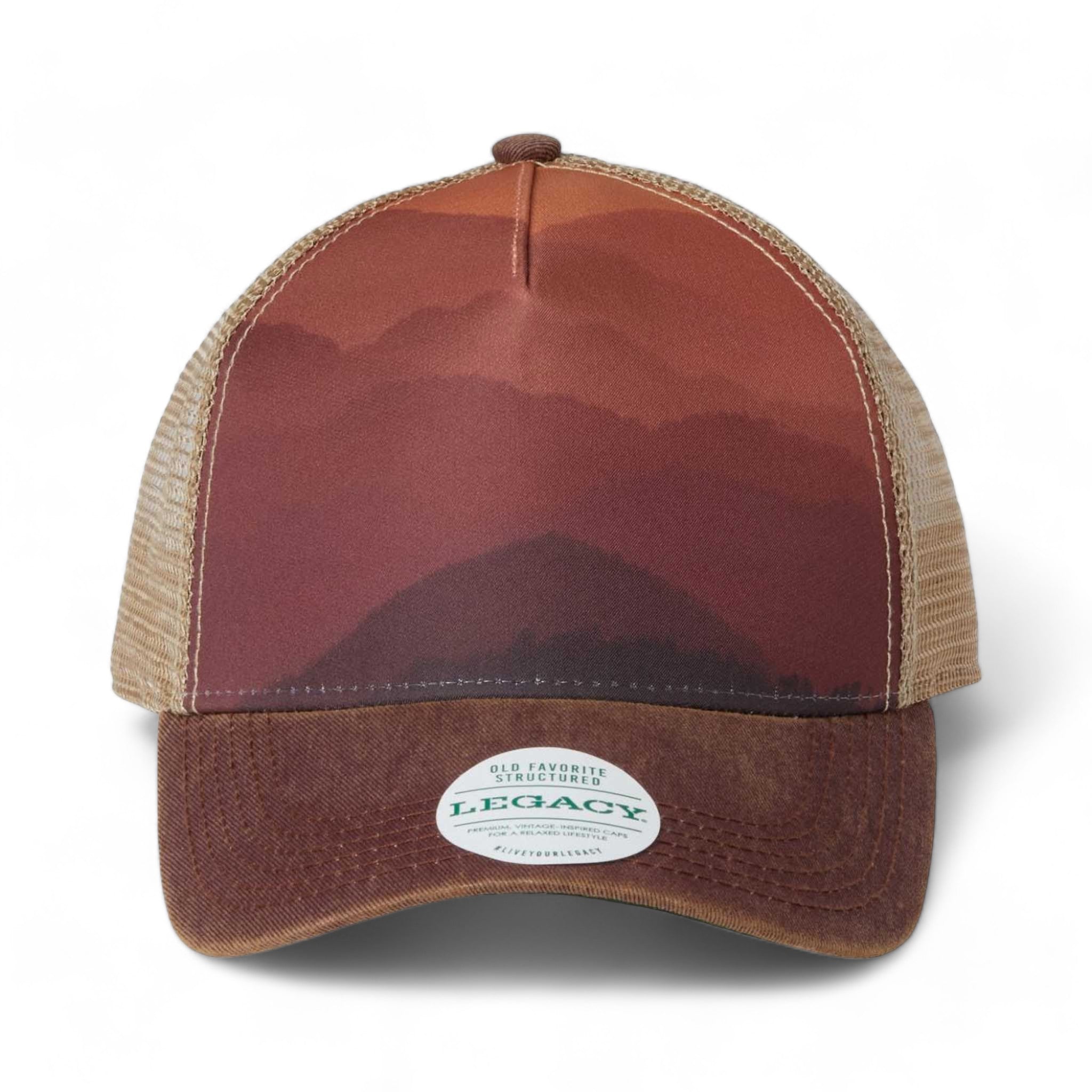 Front view of LEGACY OFAFP custom hat in mt sunset, maroon and khaki