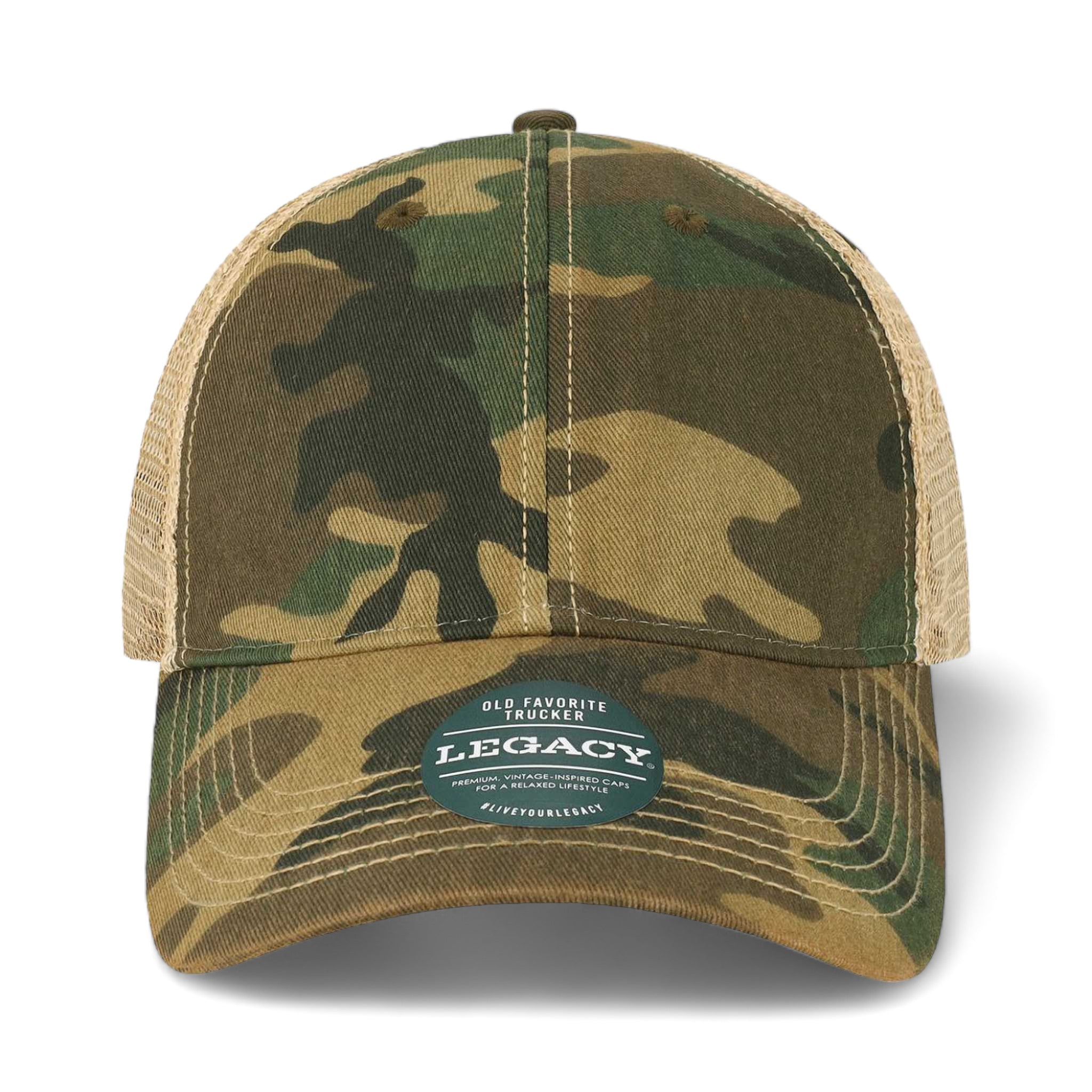 Front view of LEGACY OFAY custom hat in army camo and khaki
