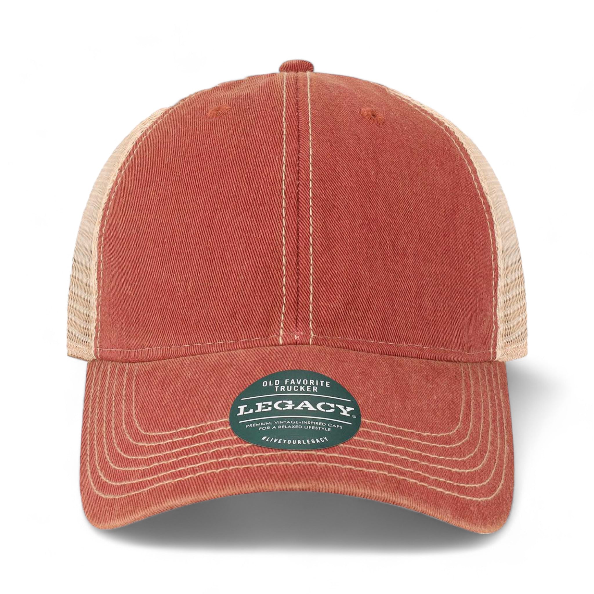 Front view of LEGACY OFAY custom hat in cardinal and khaki
