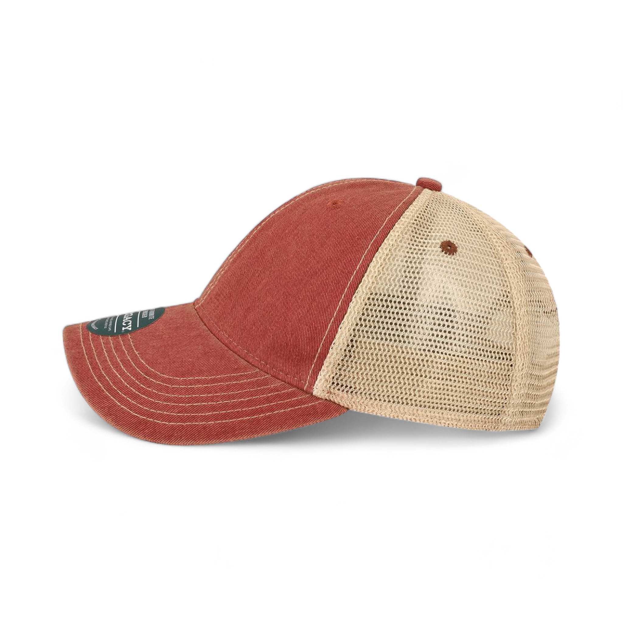 Side view of LEGACY OFAY custom hat in cardinal and khaki