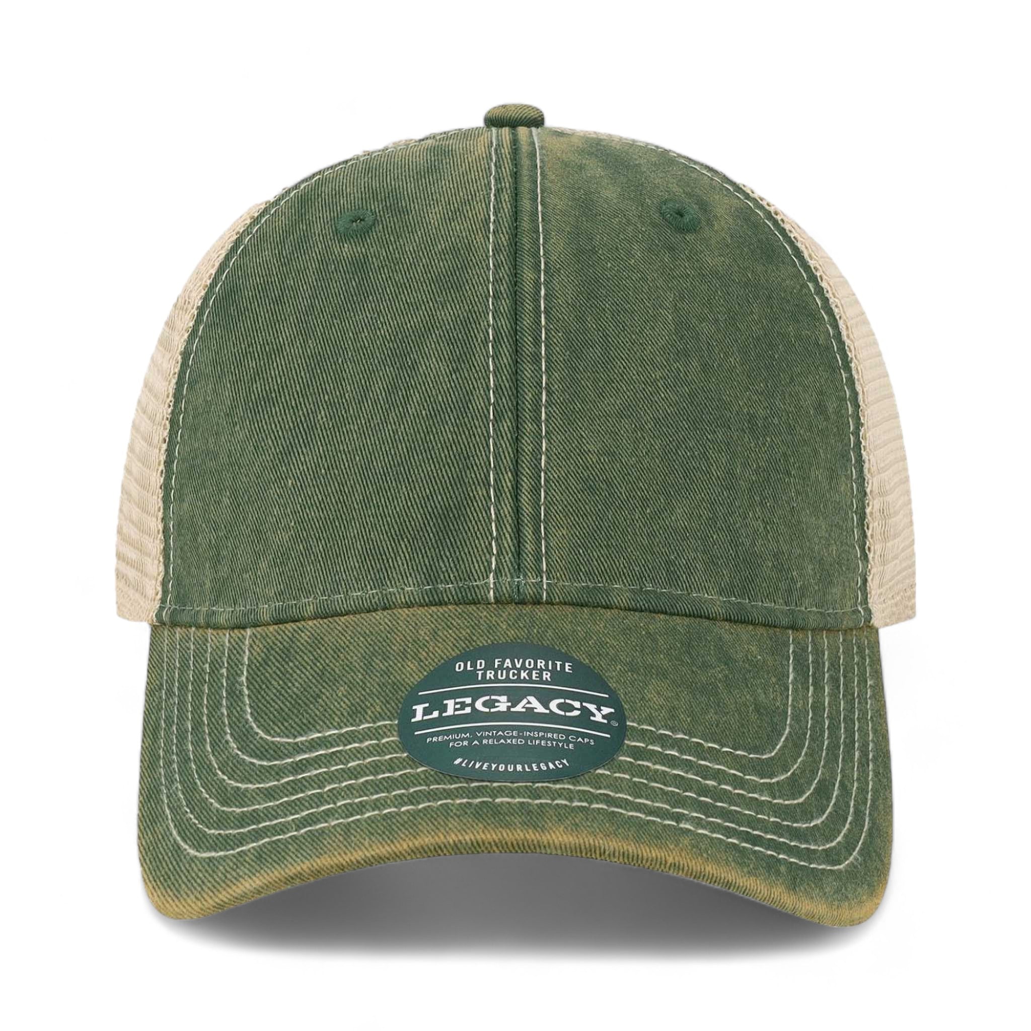 Front view of LEGACY OFAY custom hat in dark green and khaki