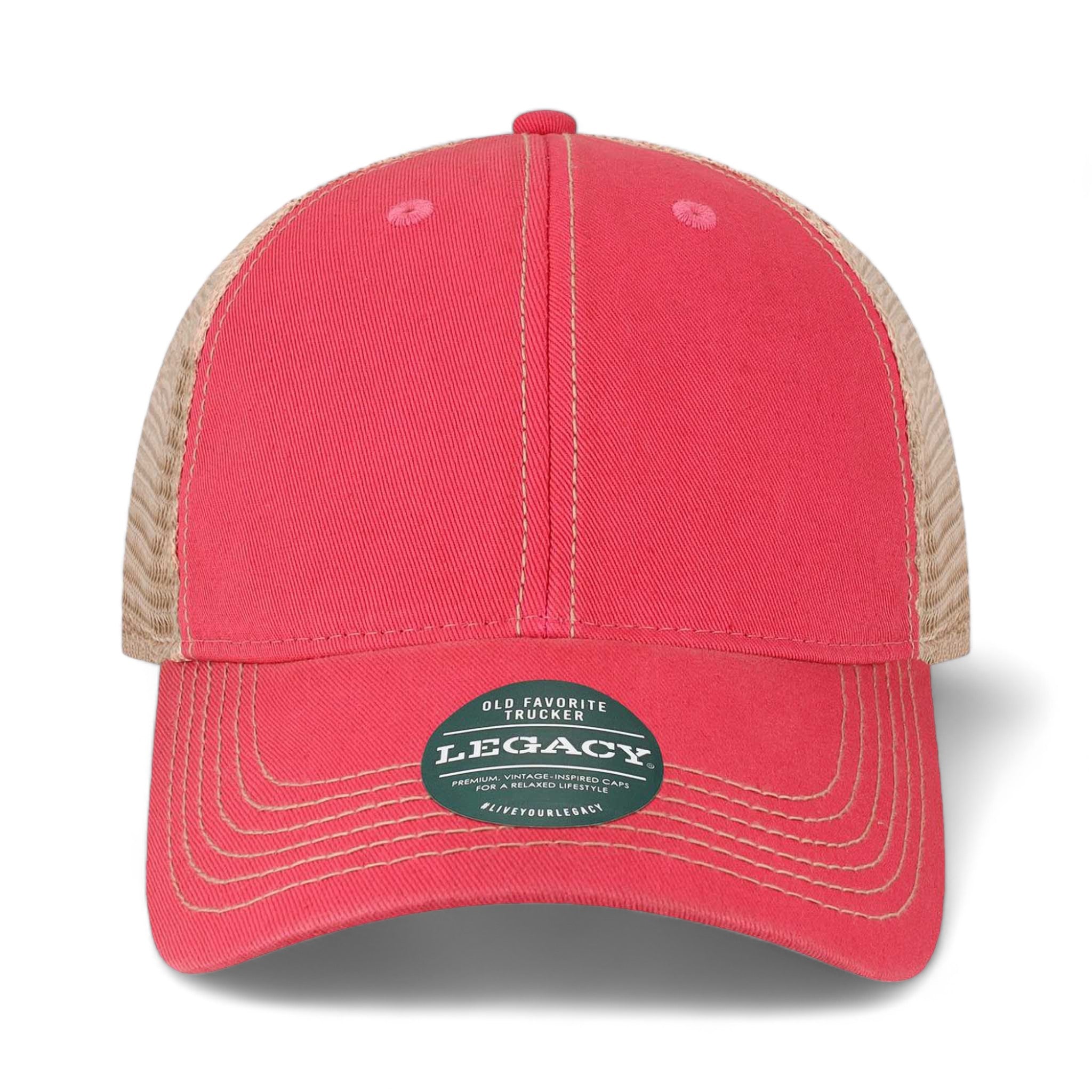 Front view of LEGACY OFAY custom hat in dark pink and khaki