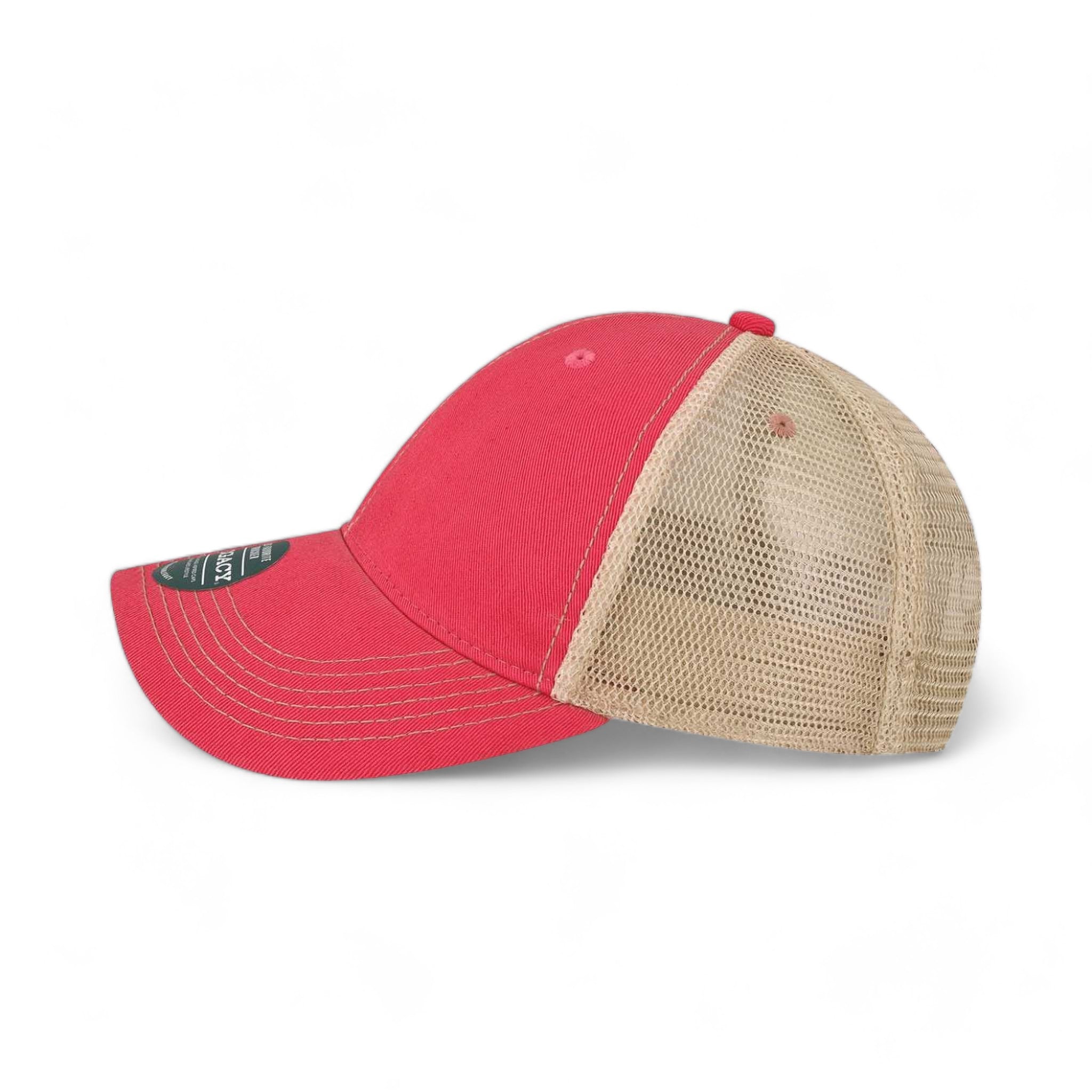 Side view of LEGACY OFAY custom hat in dark pink and khaki