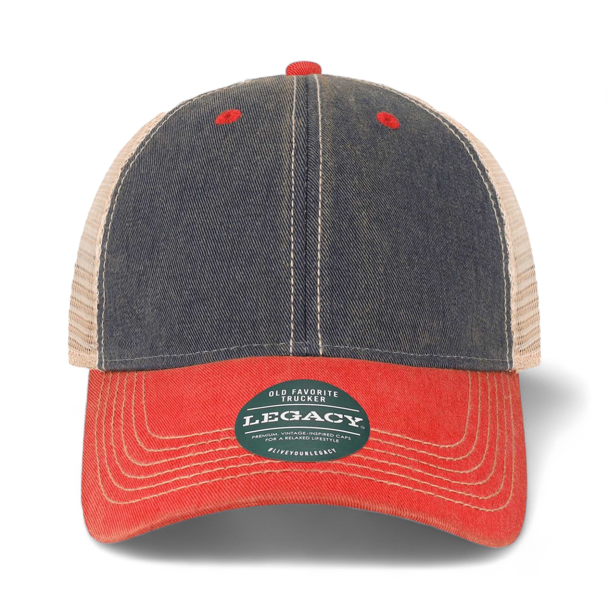 Front view of LEGACY OFAY custom hat in navy, scarlet red and khaki