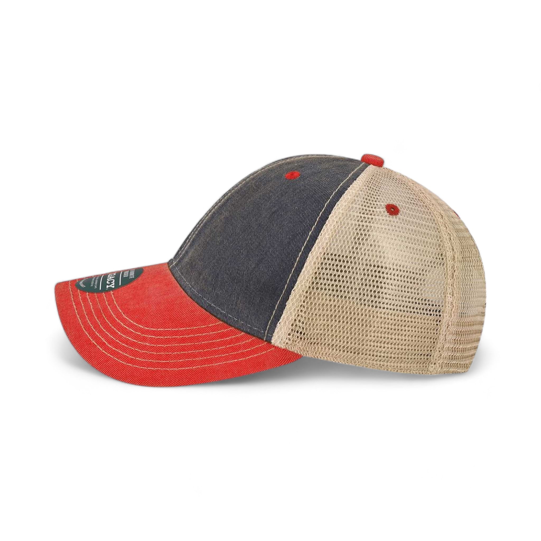 Side view of LEGACY OFAY custom hat in navy, scarlet red and khaki
