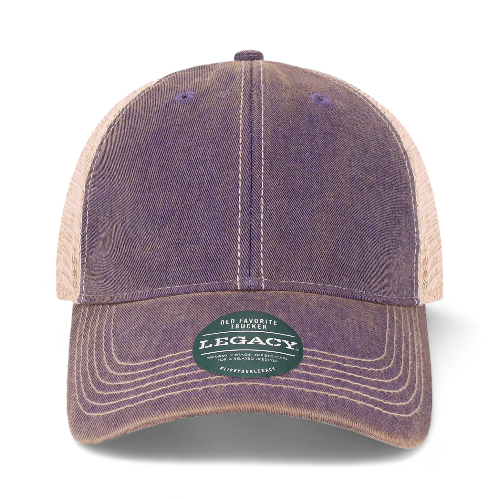 Front view of LEGACY OFAY custom hat in purple and khaki