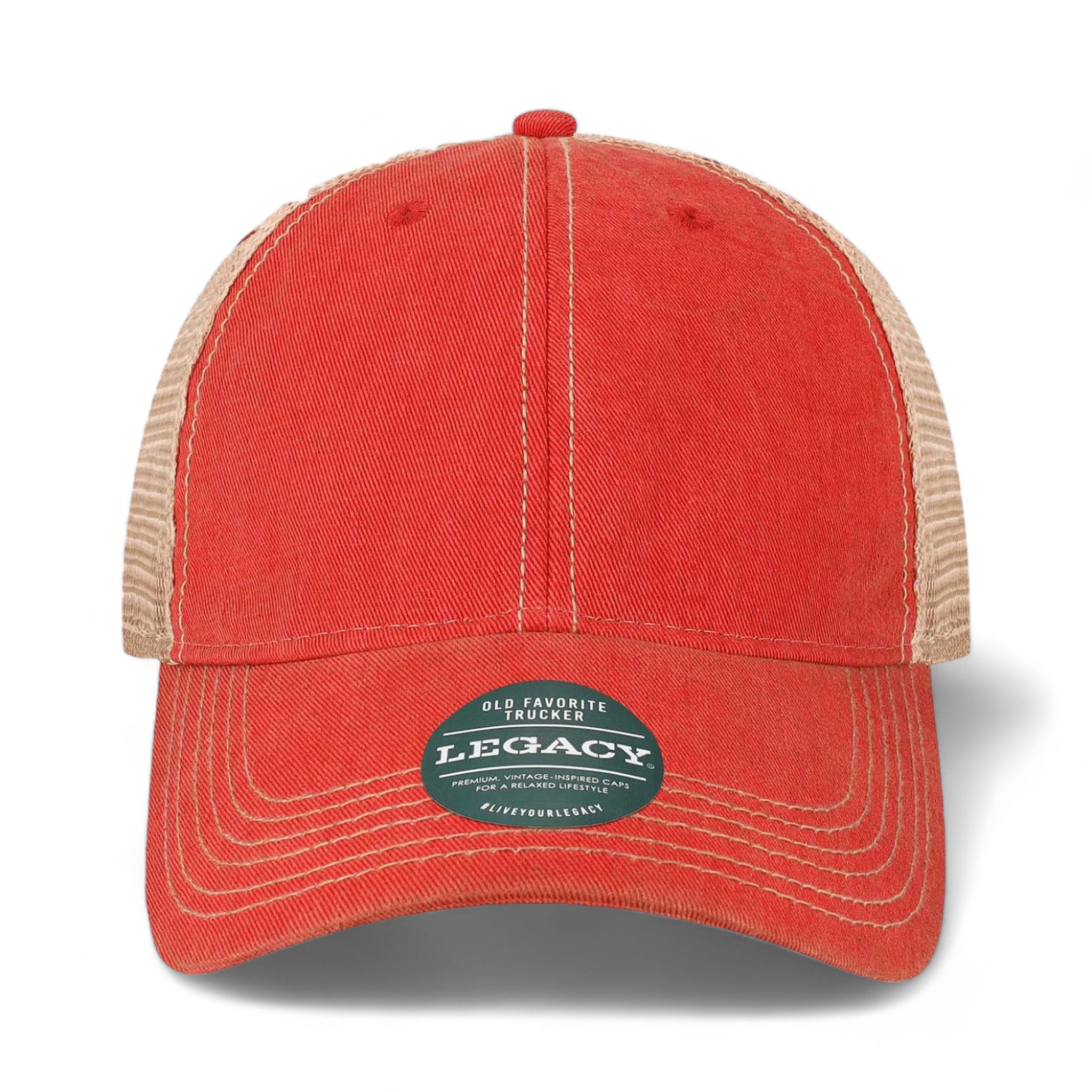 Front view of LEGACY OFAY custom hat in scarlet red and khaki