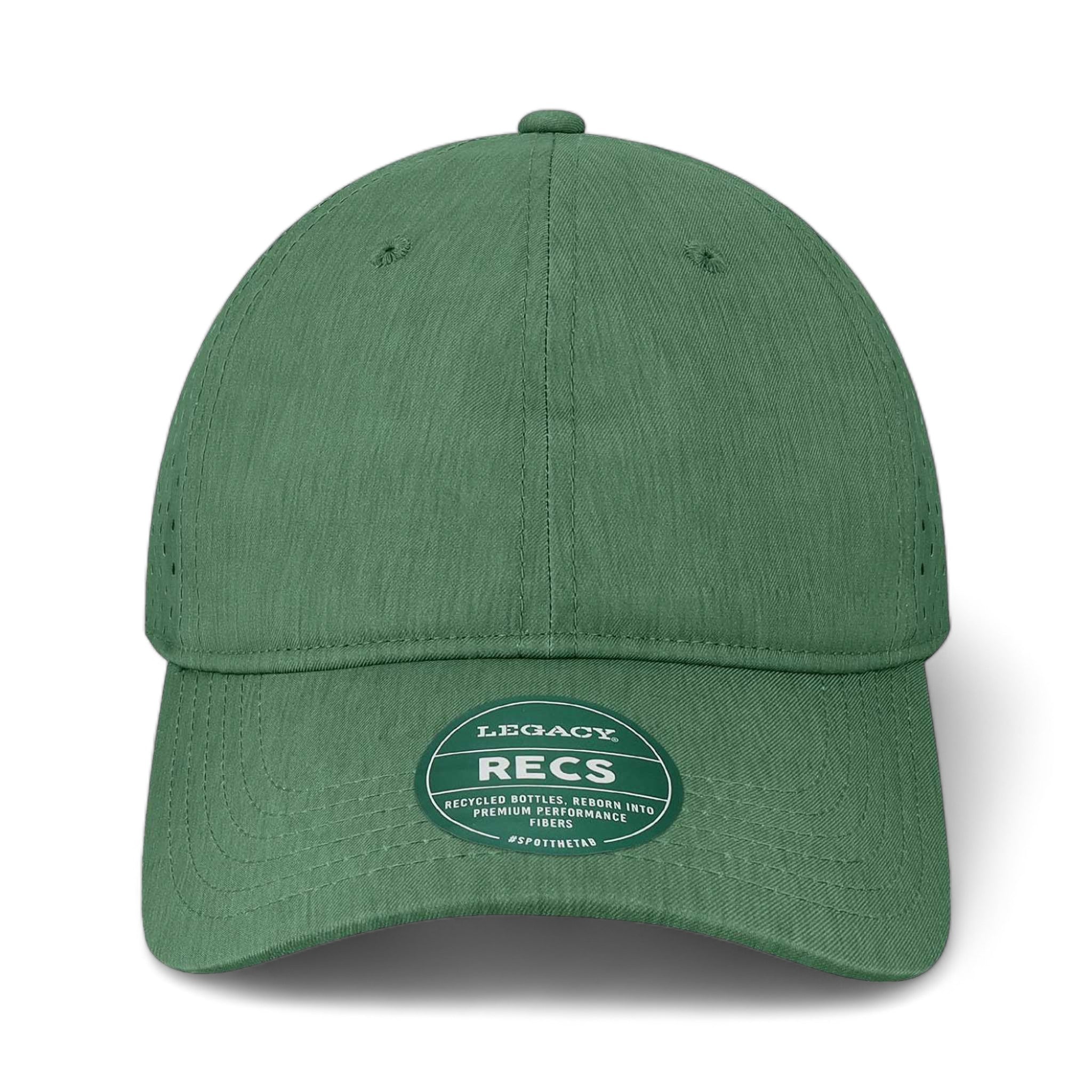 Front view of LEGACY RECS custom hat in eco dark green