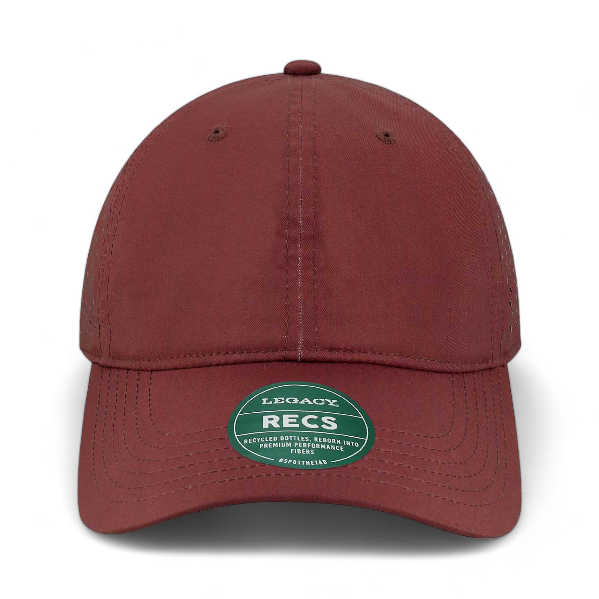 Front view of LEGACY RECS custom hat in eco maroon