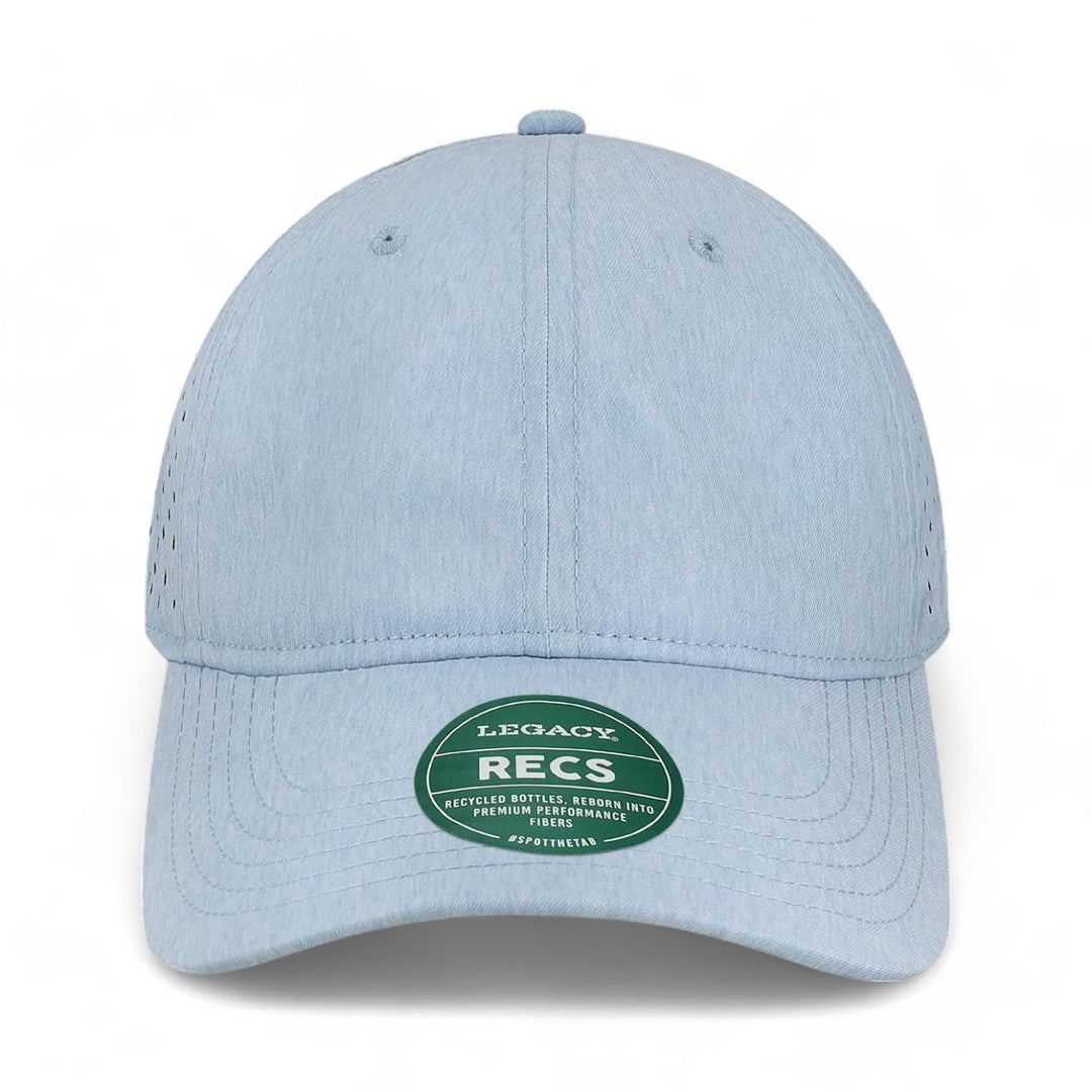 Front view of LEGACY RECS custom hat in eco power blue