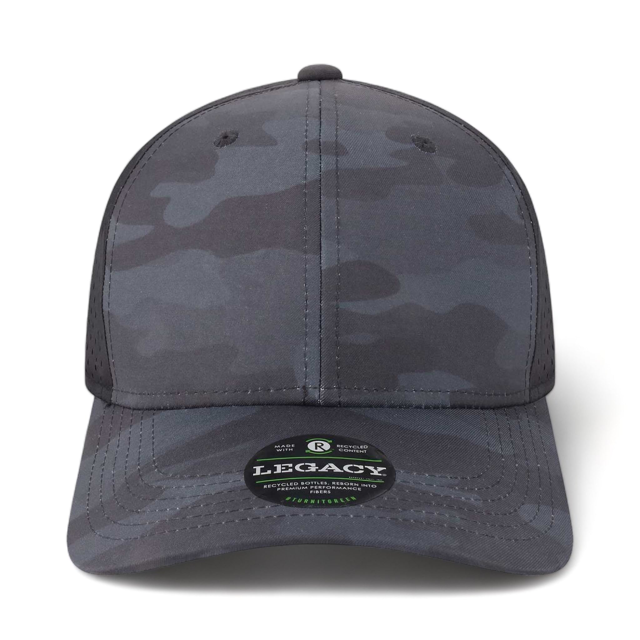 Front view of LEGACY REMPA custom hat in black camo