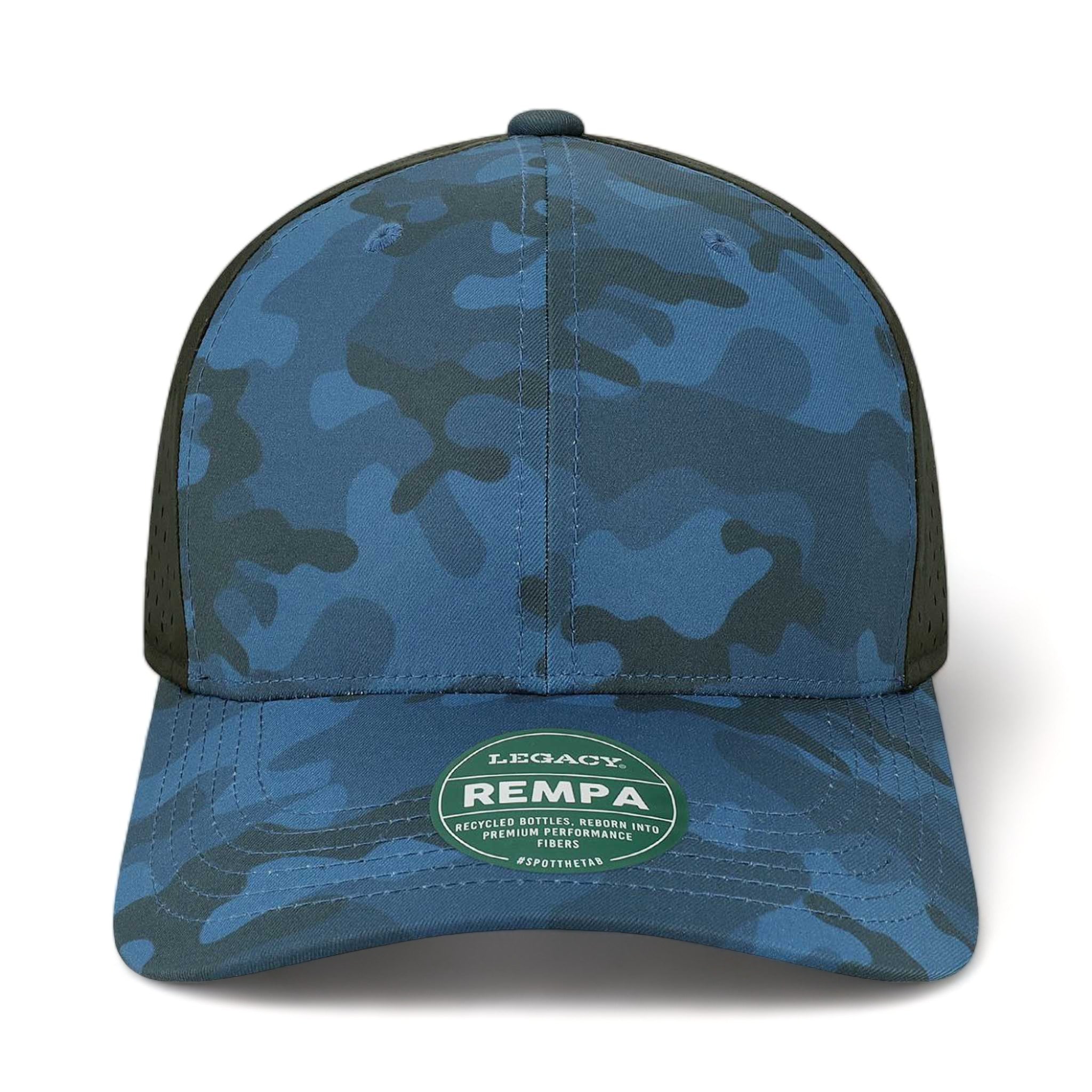 Front view of LEGACY REMPA custom hat in blue camo and black