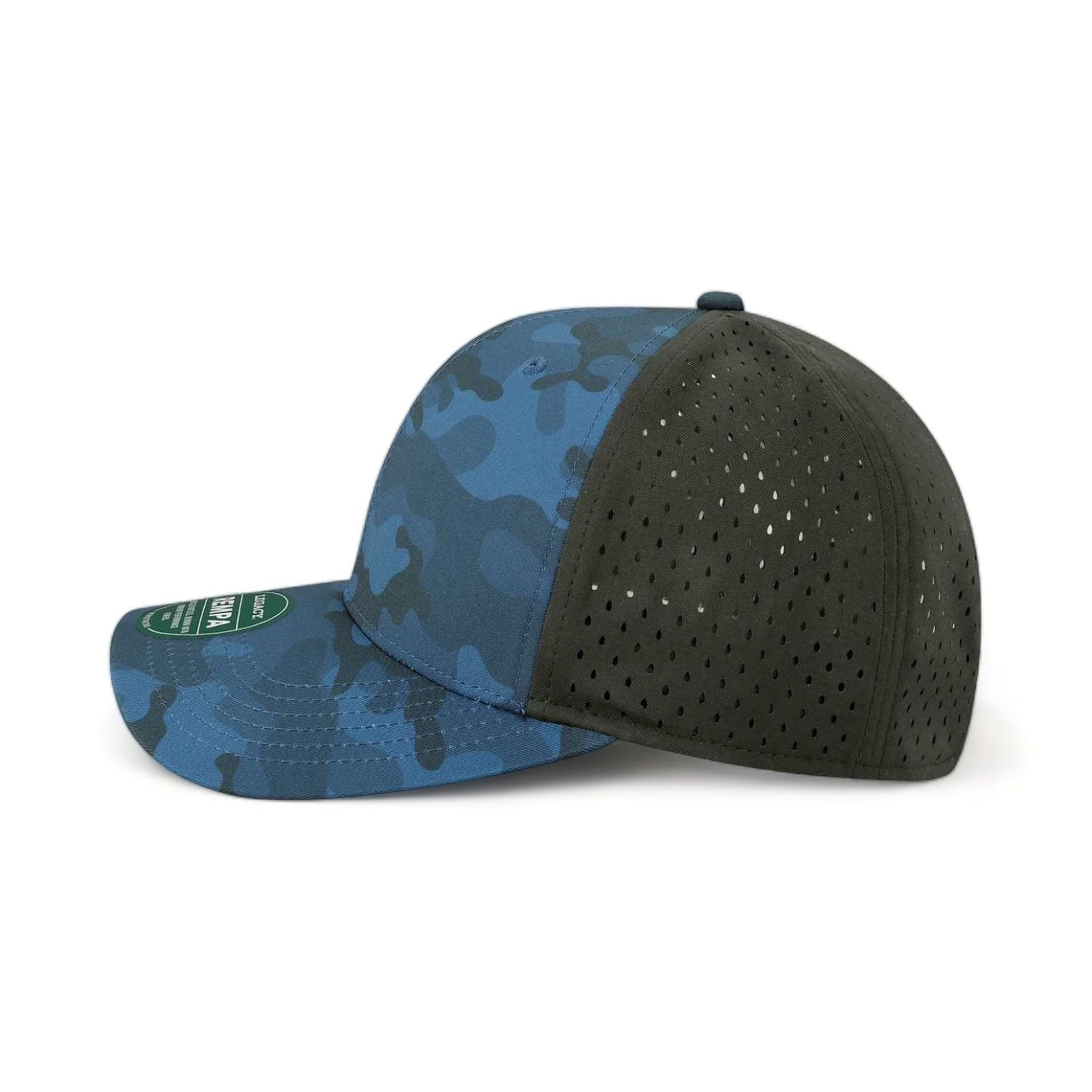 Side view of LEGACY REMPA custom hat in blue camo and black